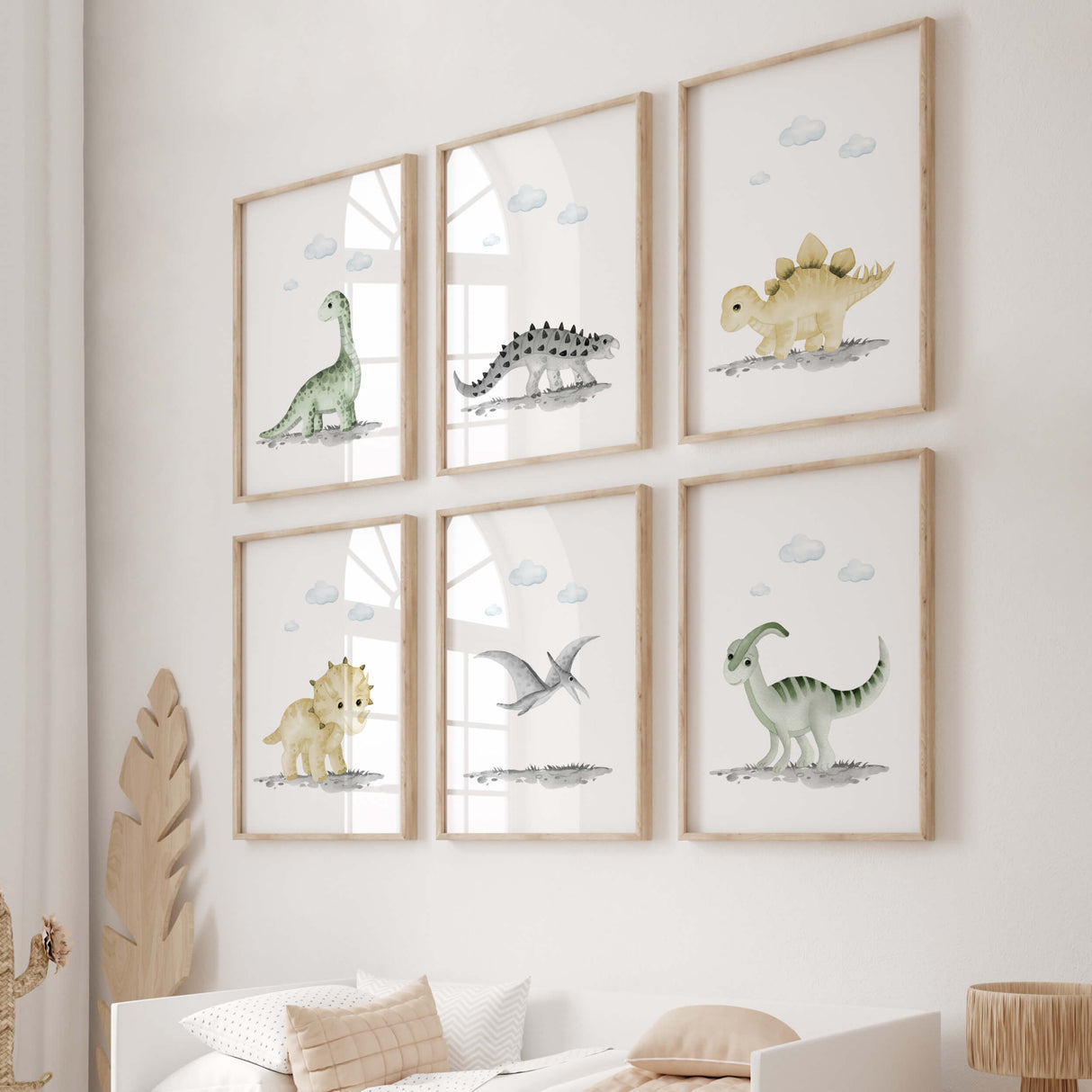 Set of 6 watercolor dinosaur baby with yellow and green colors print for neutral nursery ideas and decor.