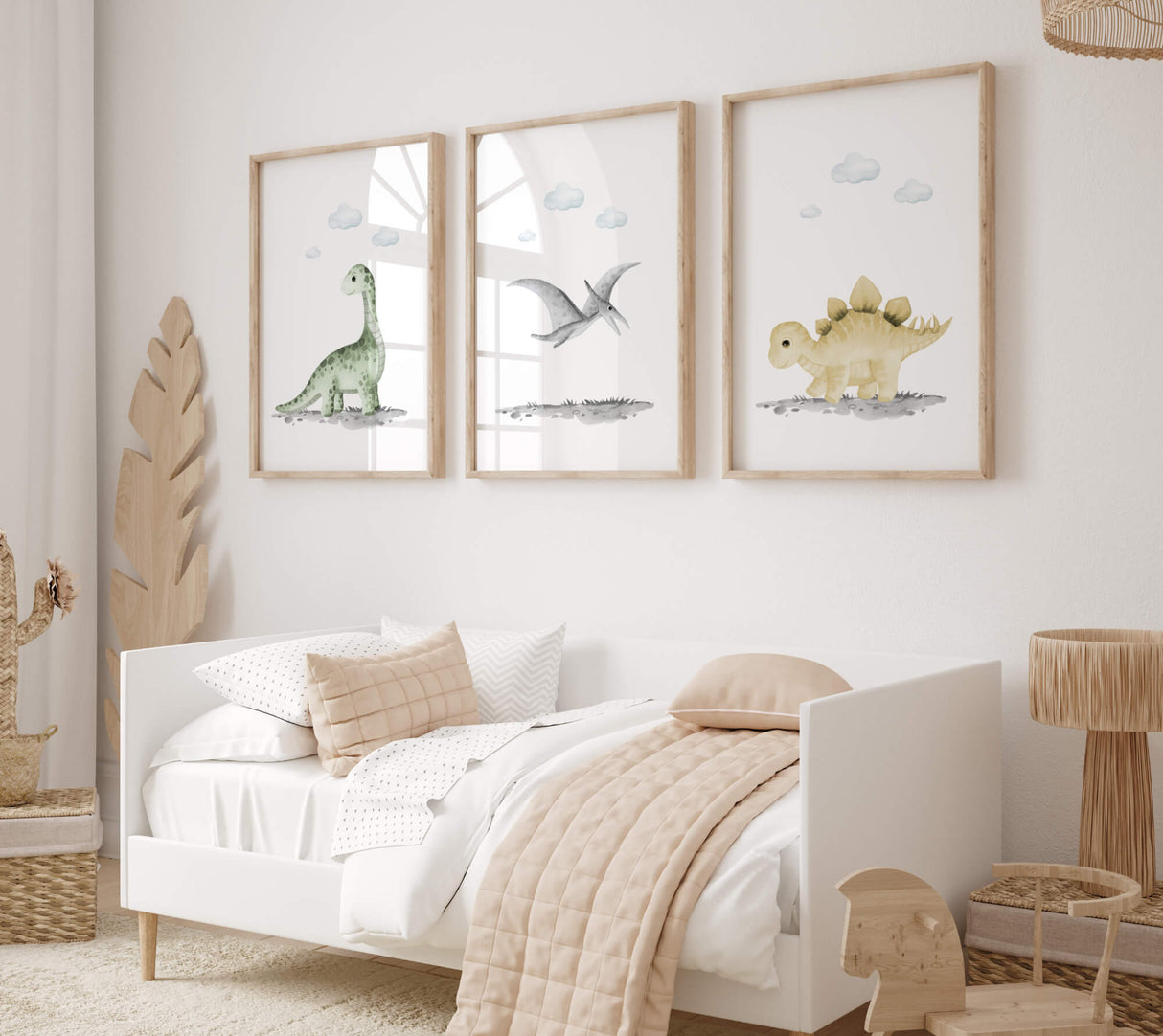 Watercolor dinosaur print with green, yellow, gray colors for baby boys room decor.