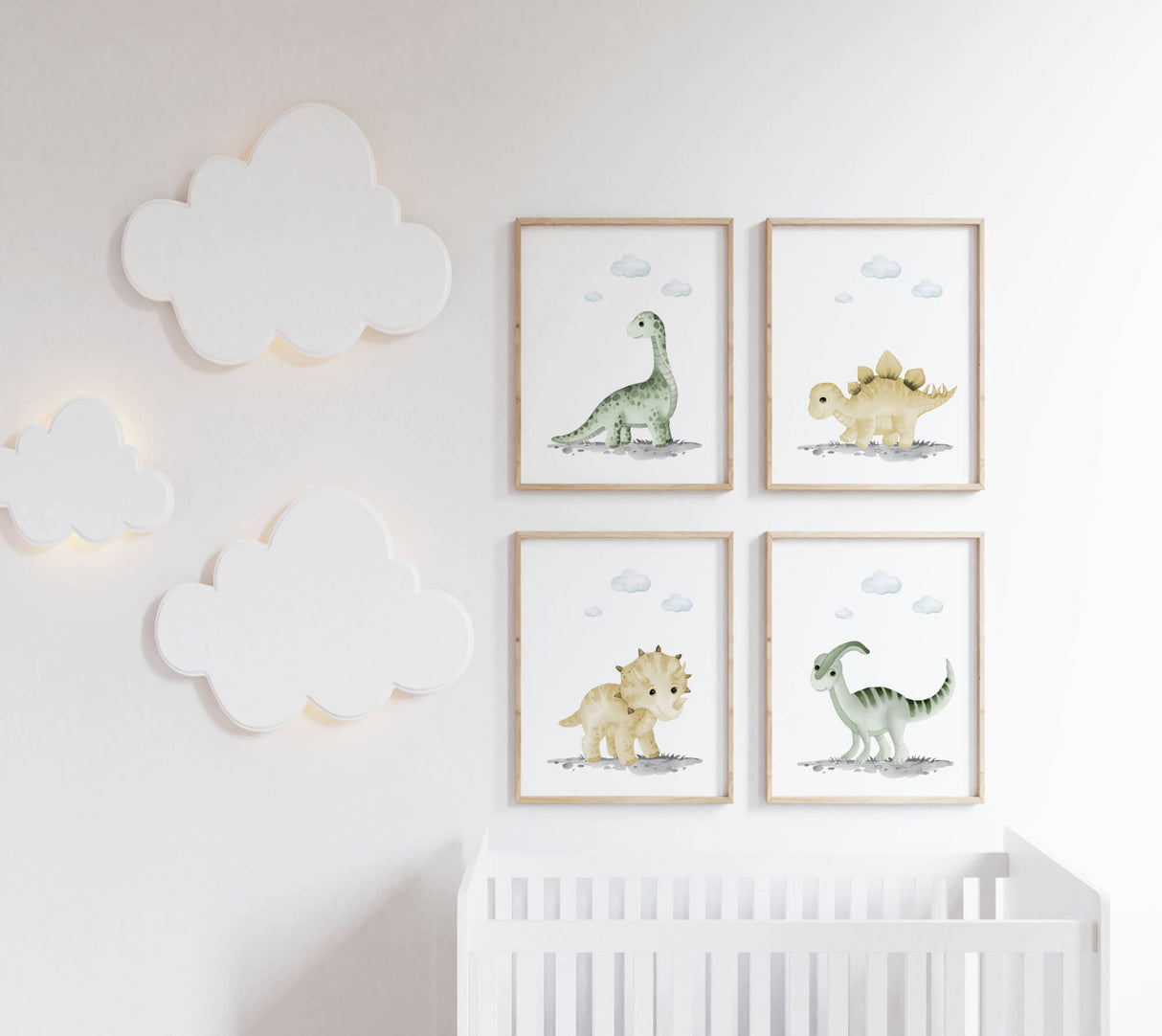 Set of 4 watercolor baby dino print for white baby room decor.
