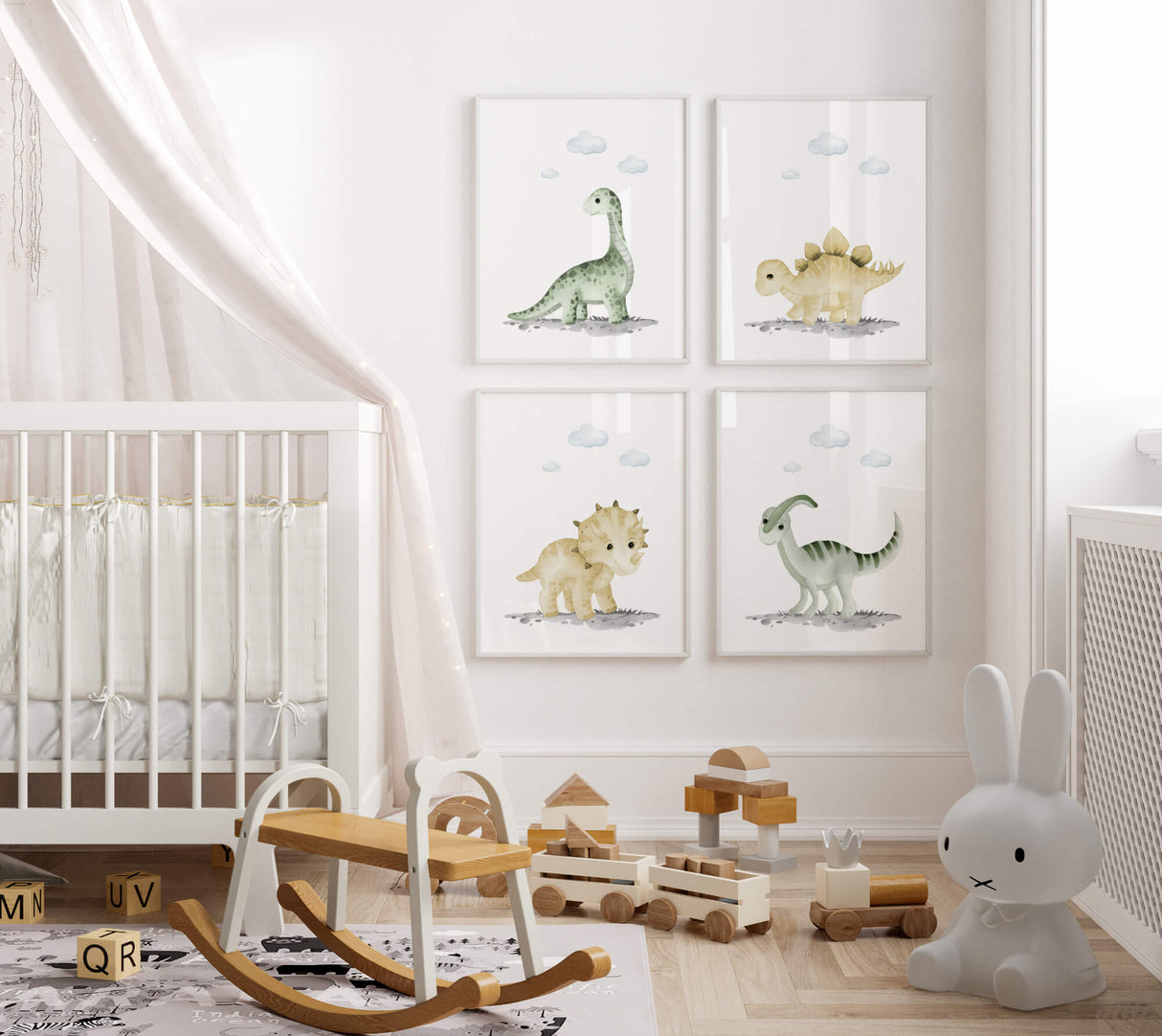Set of 4 watercolor baby dino print for neutral nursery wall decor.