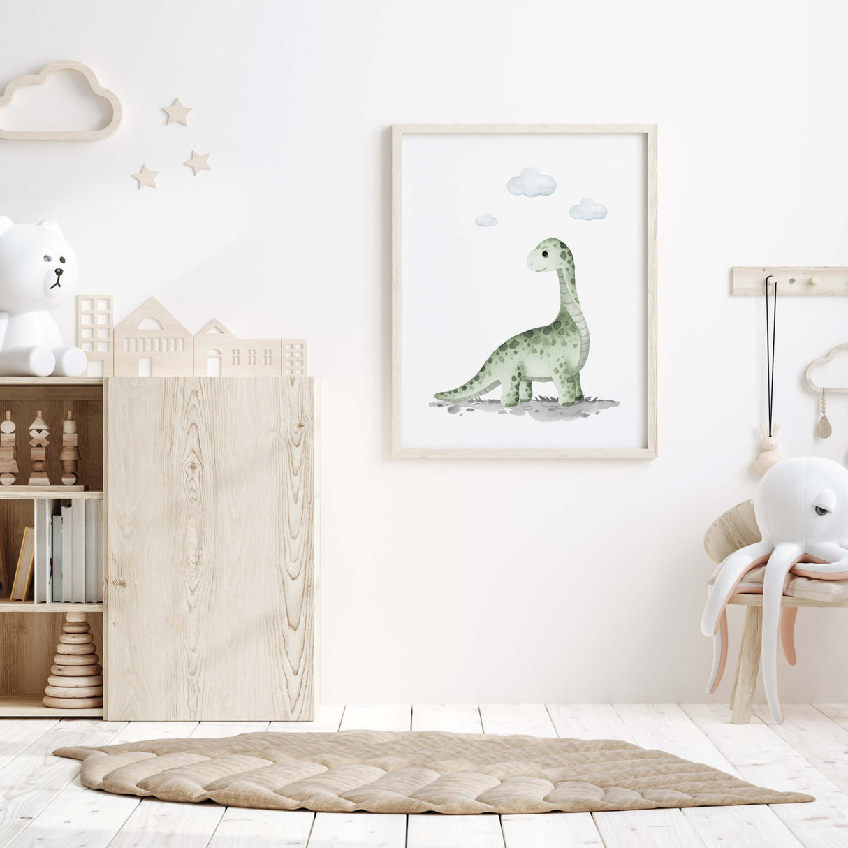 Watercolor green dinosaur poster for neutral room decor.