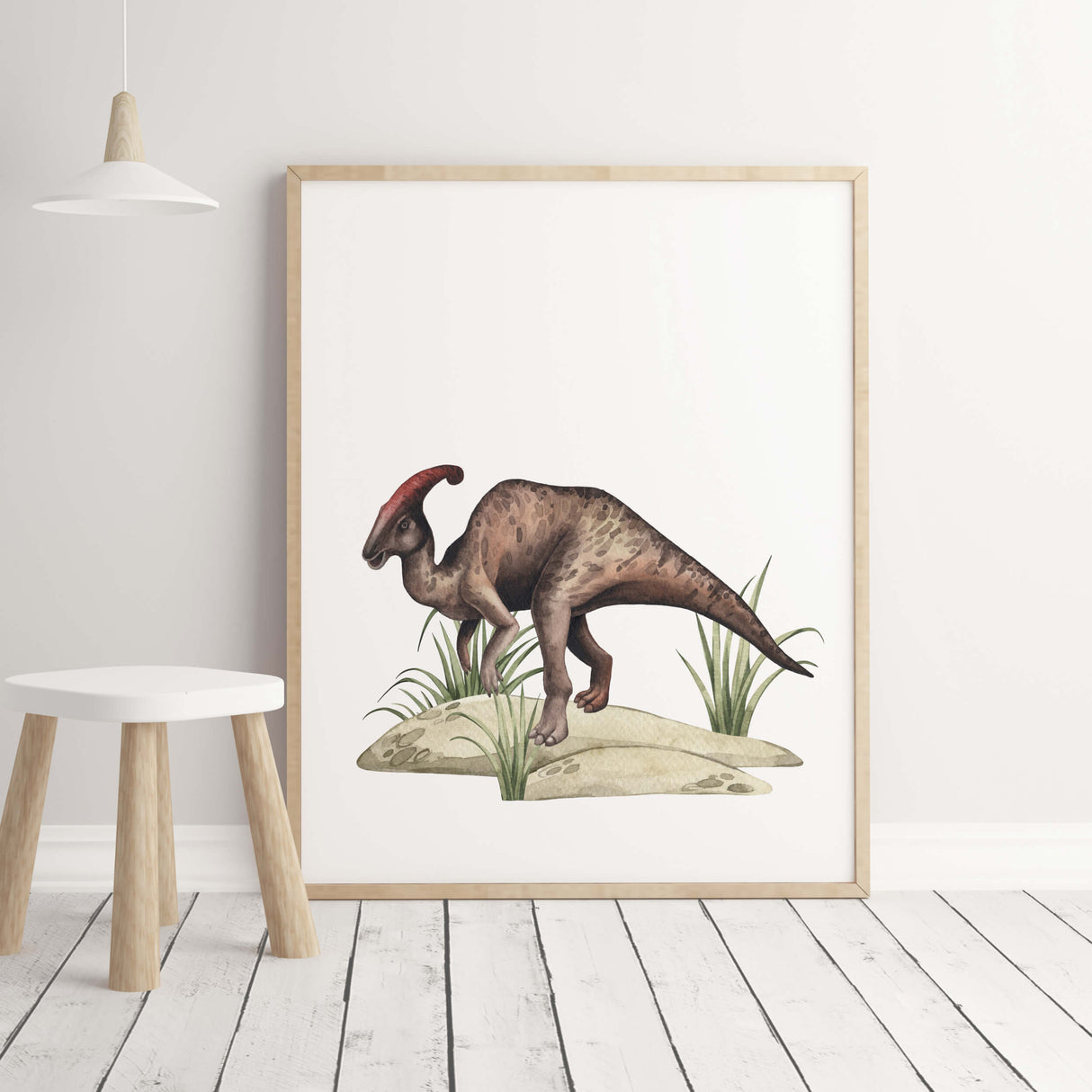 Watercolor parasaurolophus dino print for boys room decor.