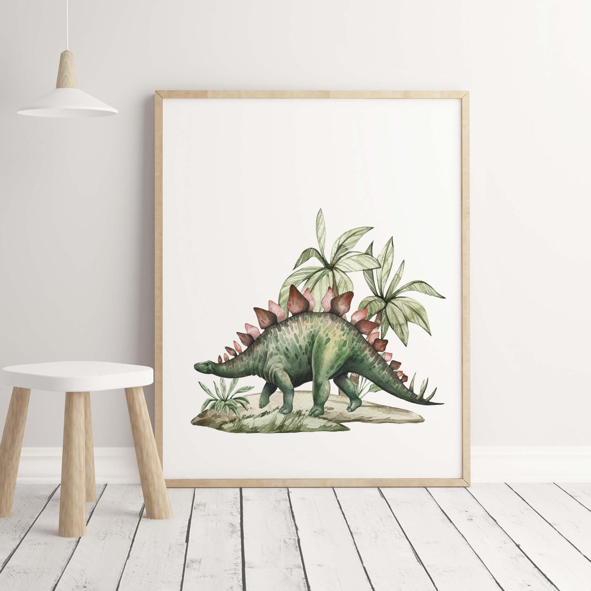 Watercolor stegosaurus print with boys room decor.
