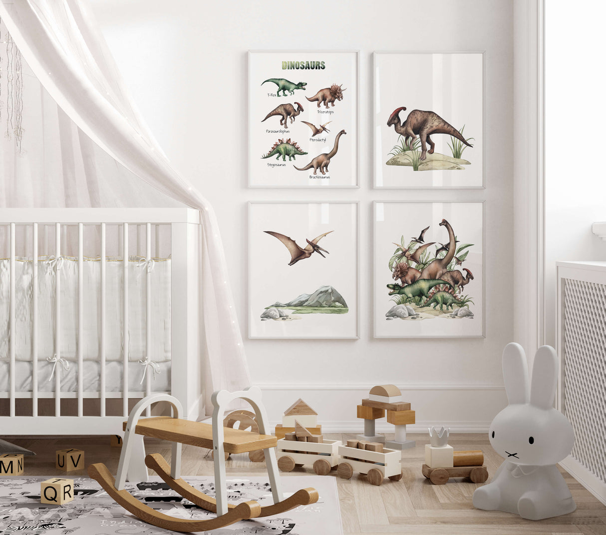 Set of 4 dino poster for neutral color room decor.