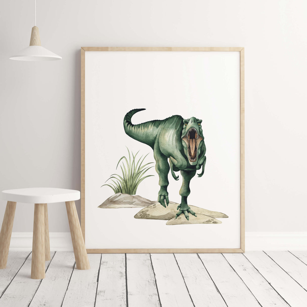 Watercolor T-Rex dinosaur print for neutral nursery room decor and boys room decor.