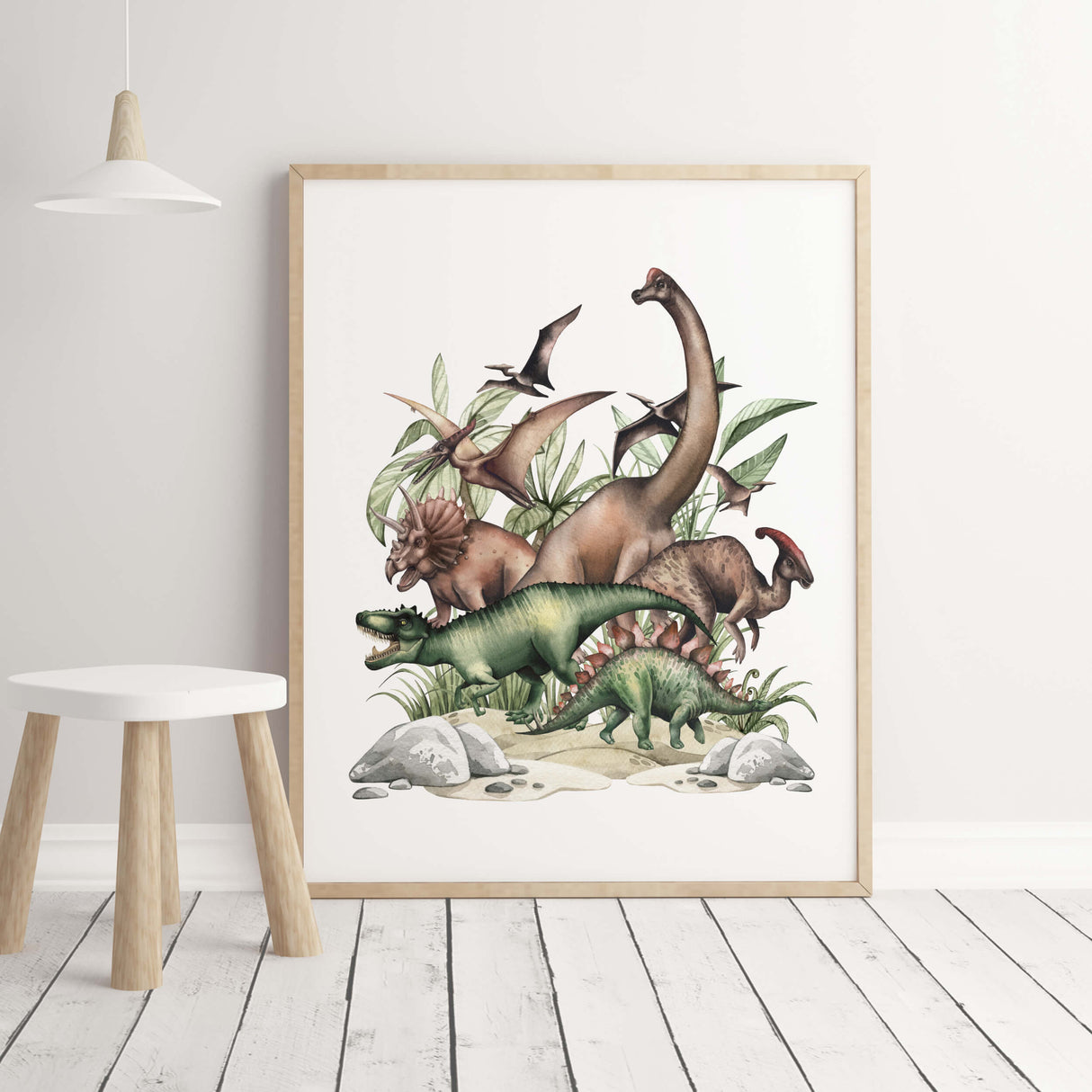 Watercolor dinosaur print triceratops, t-rex, parasaurolophus, pterodactyl, stegosaurus, brachiosaurus