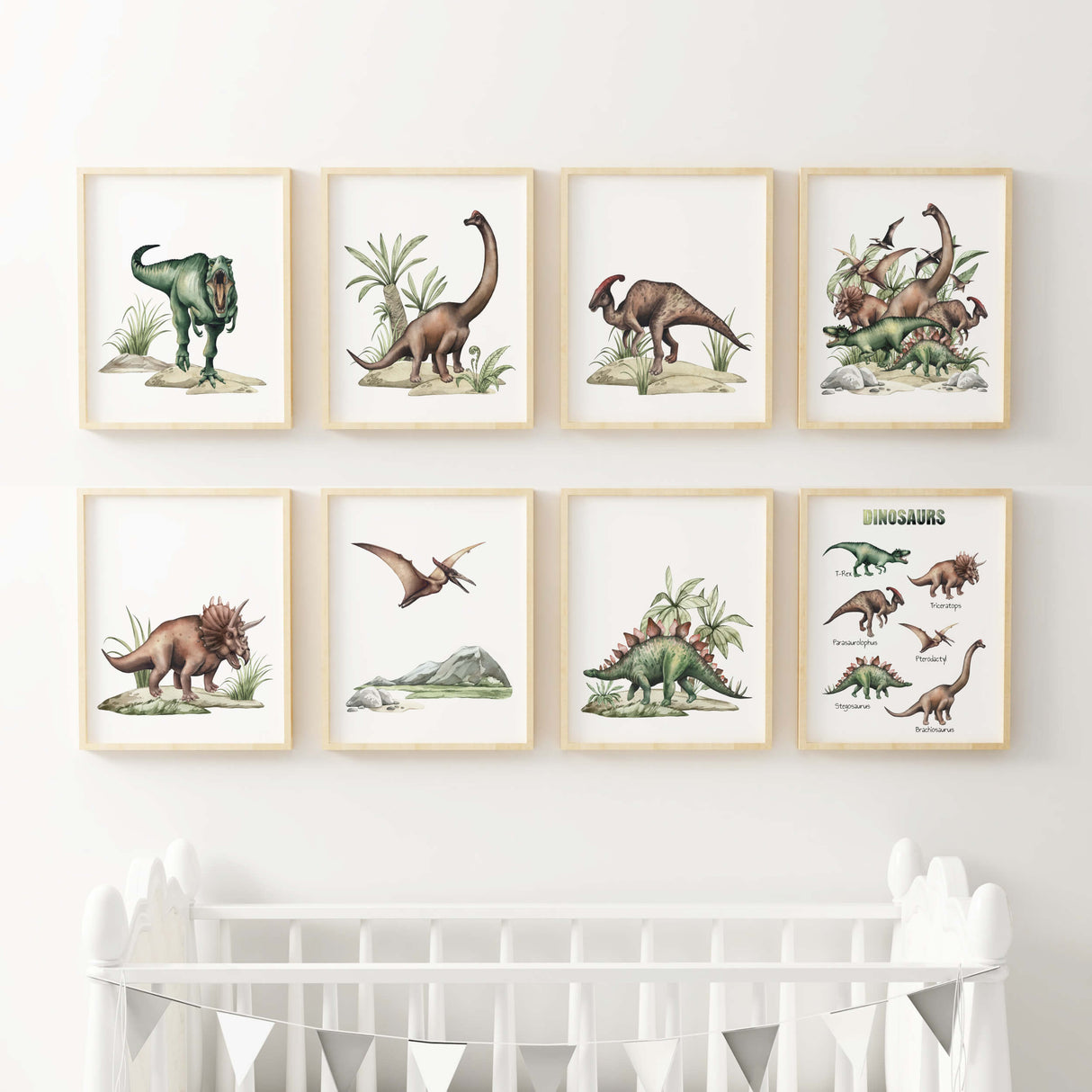Set of 8 watercolor dino print with triceratops, t-rex, parasaurolophus, pterodactyl, stegosaurus, brachiosaurus for neutral nursery decor and boys room decor and toddler room decor.l