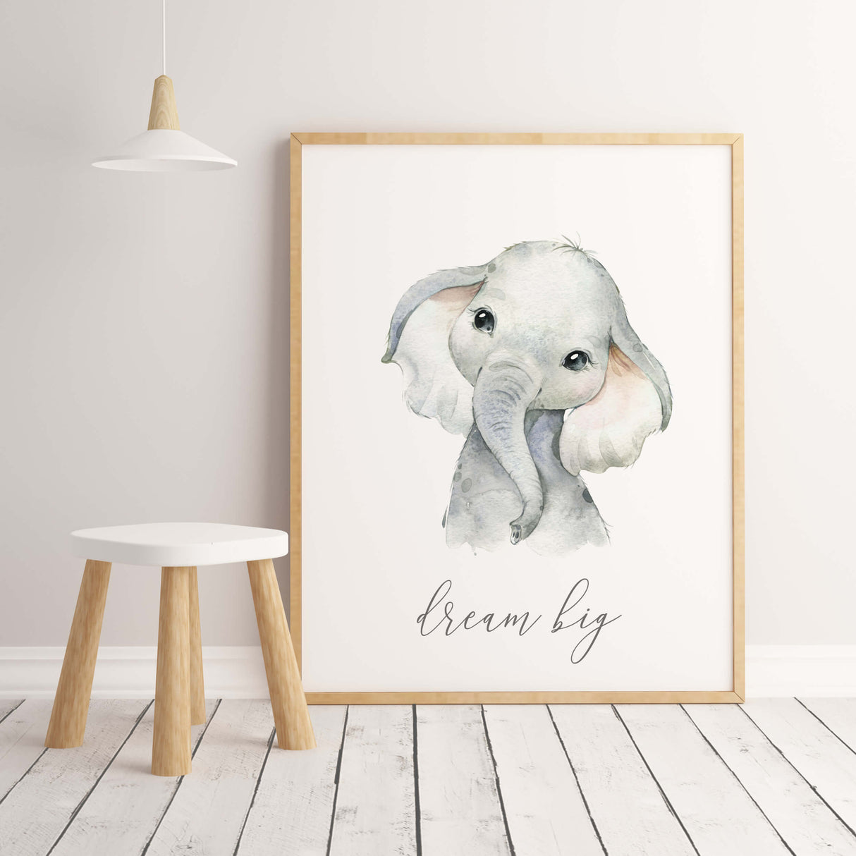 Watercolor elephant print with dream big inspirational quote for gender neutral nursery decor, boho nursery decor.