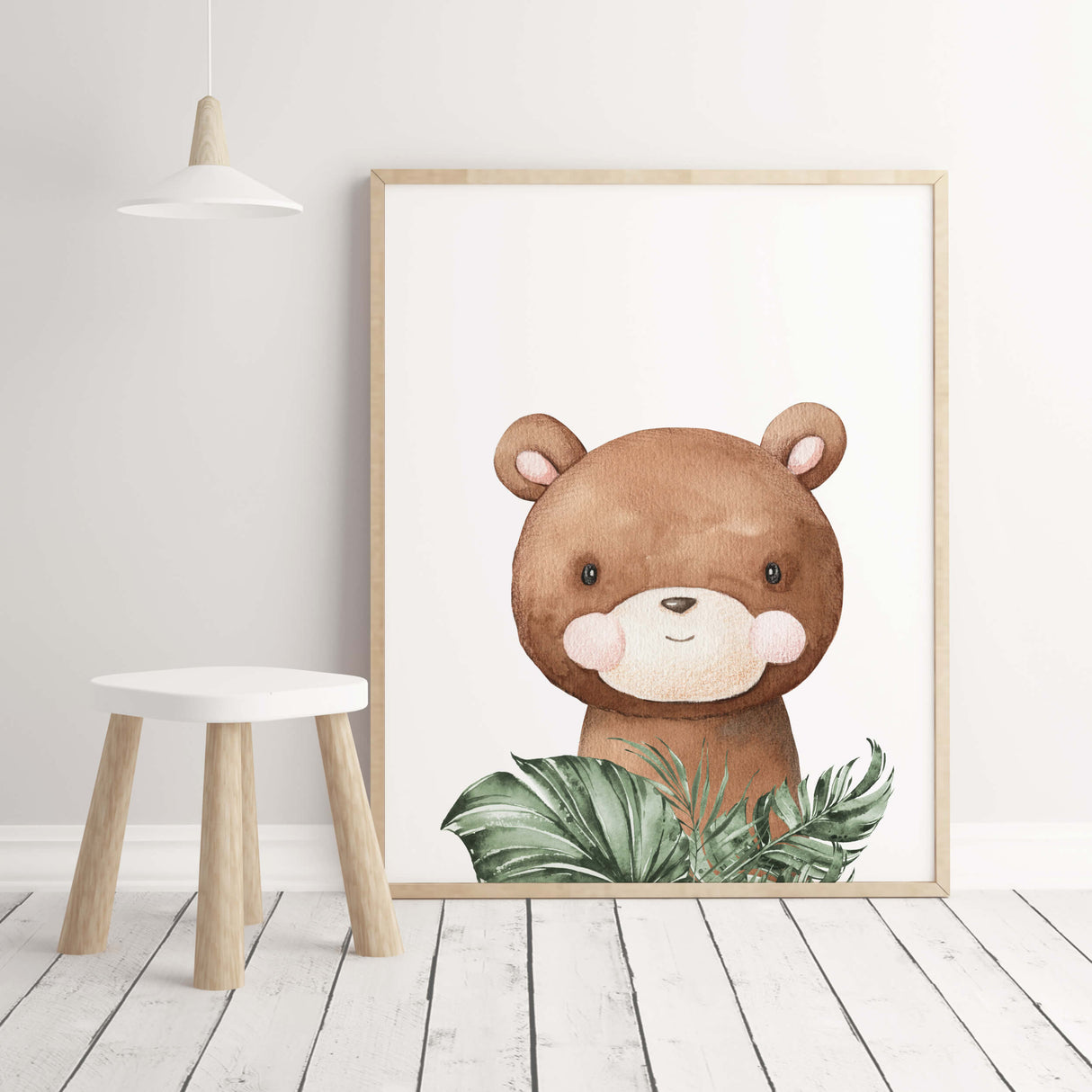 Watercolor bear print with leaves print for neutral nursery decor.