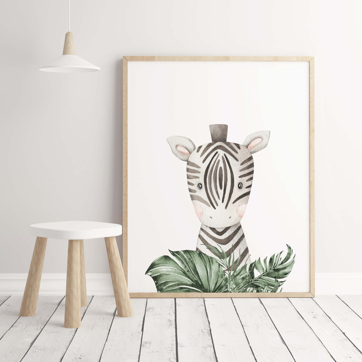 Watercolor zebra print with leaves print for neutral nursery decor.
