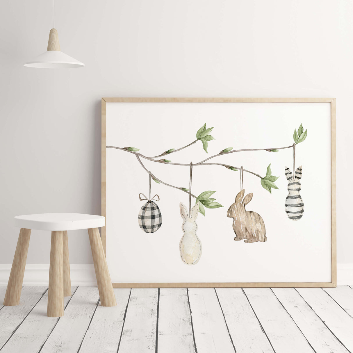 Watercolor easter print with easter egg tree branch and eggs in black and white, beige colors for neutral easter home decor.