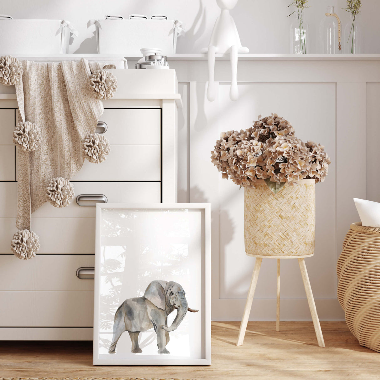 Watercolor elephant print in neutral colors print for gender neutral nursery ideas and decor, boys room decor, girls room decor, boho nursrey decor.