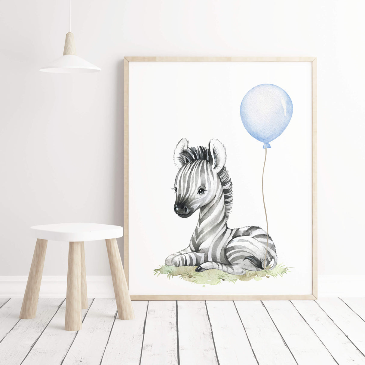 Watercolor zebra print with light blue balloon for toddler room decor, baby boys room decor, toddler room decor, boho room decor