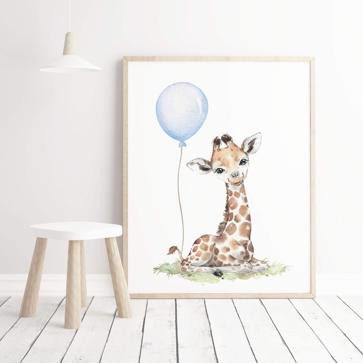 Watercolor giraffe print with light blue balloon for toddler room decor, baby boys room decor, toddler room decor, boho room decor
