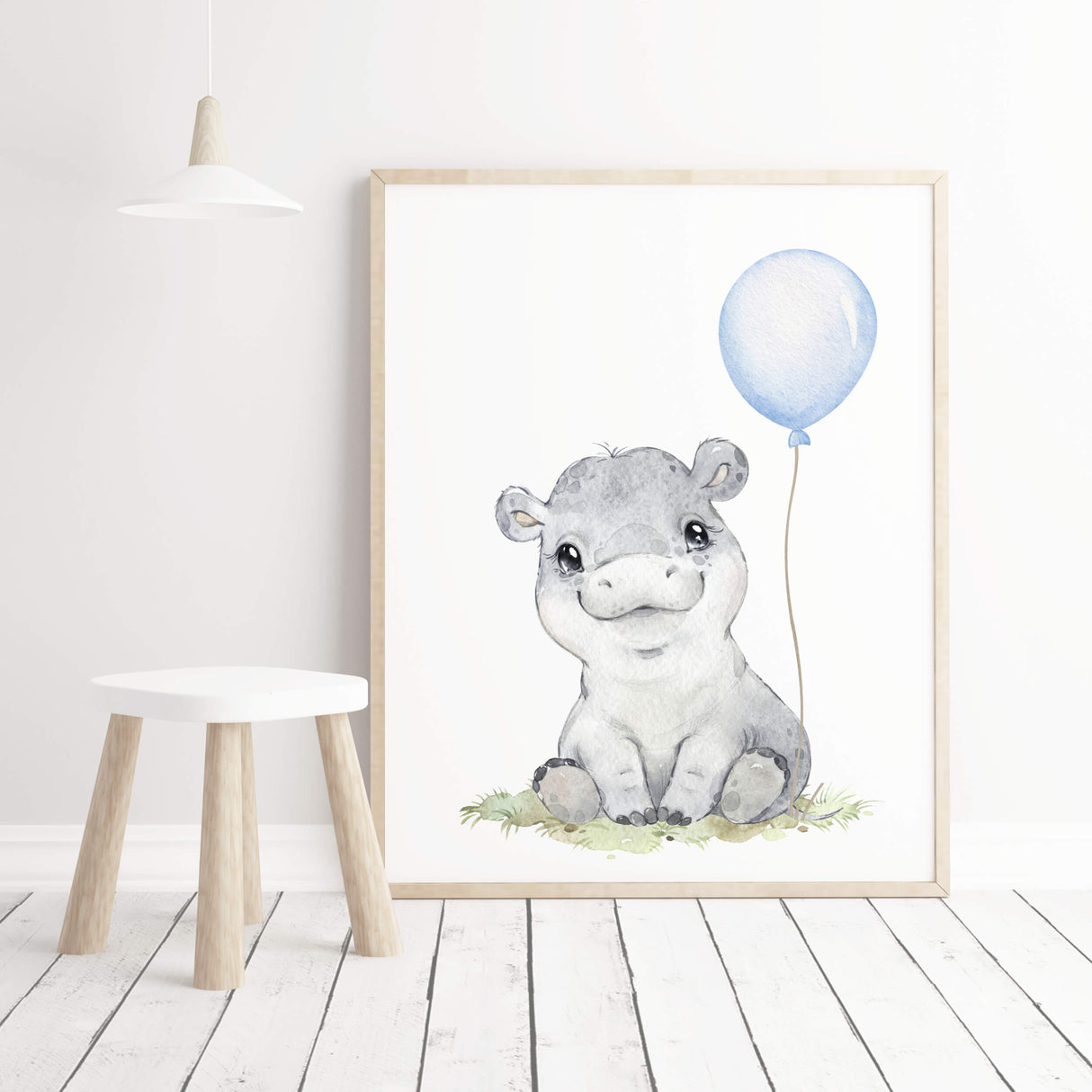 Watercolor hippo print with light blue balloon for toddler room decor, baby boys room decor, toddler room decor, boho room decor