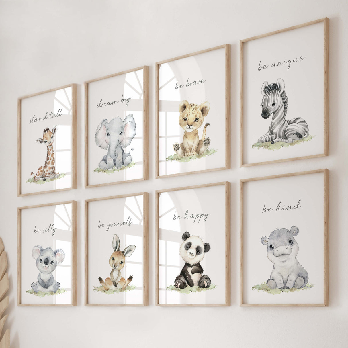 Set of 8 watercolor safari print with inspirational quote for gender neutral nursery decor, includes: Giraffe - Stand tall, Lion - Be brave, Elephant - Dream big, Zebra - Be unique, Koala - Be silly, Kangaroo - Be yourself, Panda - Be happy, Hippo - Be kind.