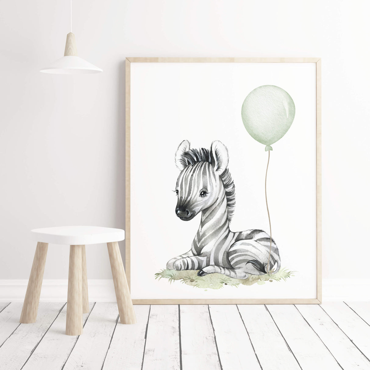 Watercolor zebra print with sage green balloon for gender neutral nursery decor, toddler room decor, baby boys room decor, girls room decor, boho room decor