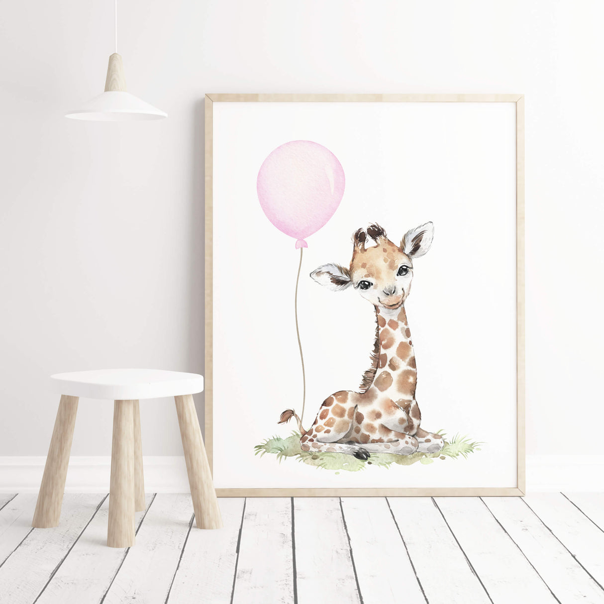 Watercolor giraffe print with pink balloon for baby girls room decor