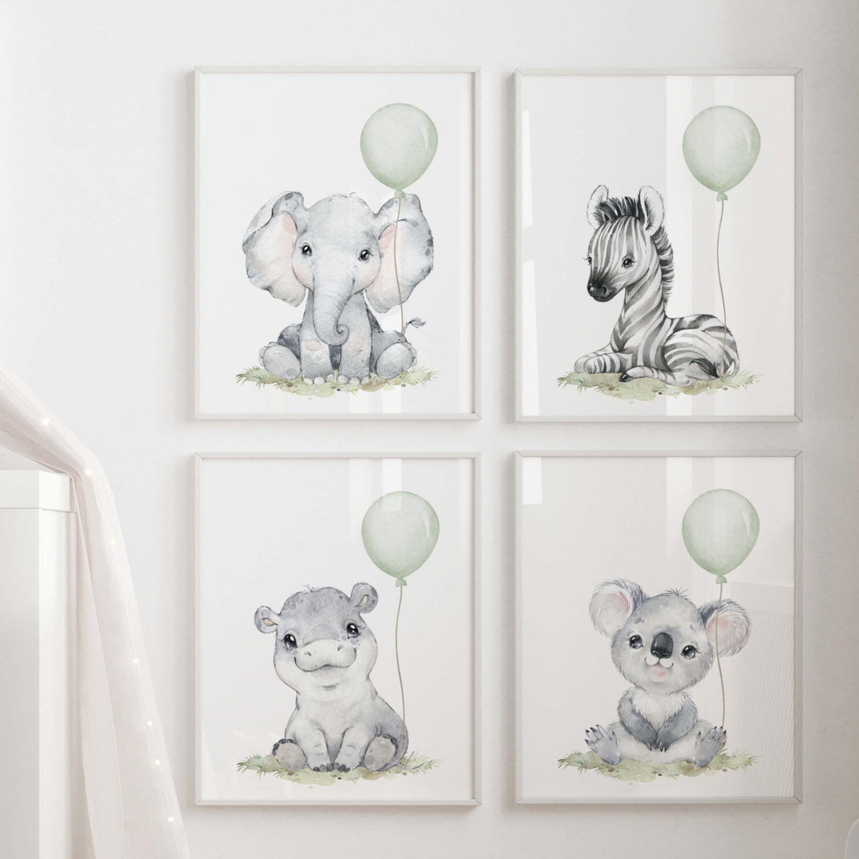 Watercolor safari animal print with sage green balloon in sage green, gray colors for gender neutral nursery decor, toddler room decor, baby boys room decor, girls room decor, boho room decor, animals: elephant, zebra, , koala, hippo