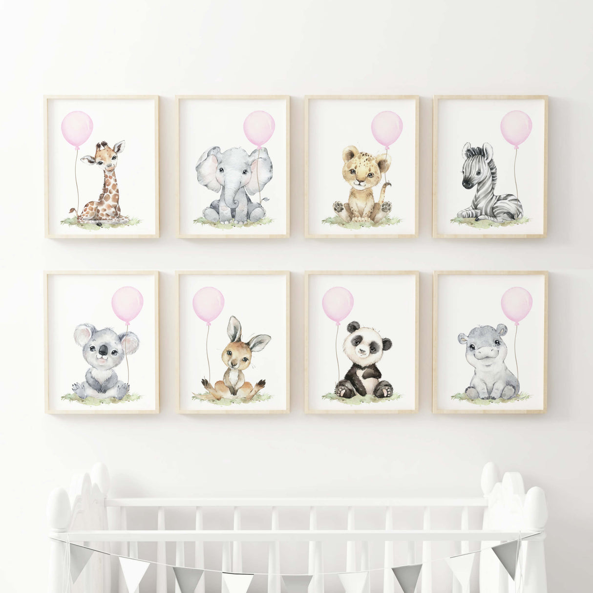 Watercolor safari animal poster with pink balloon for baby girls room decor, animals: giraffe, elephant, lion, zebra, kangaroo, koala, hippo, panda