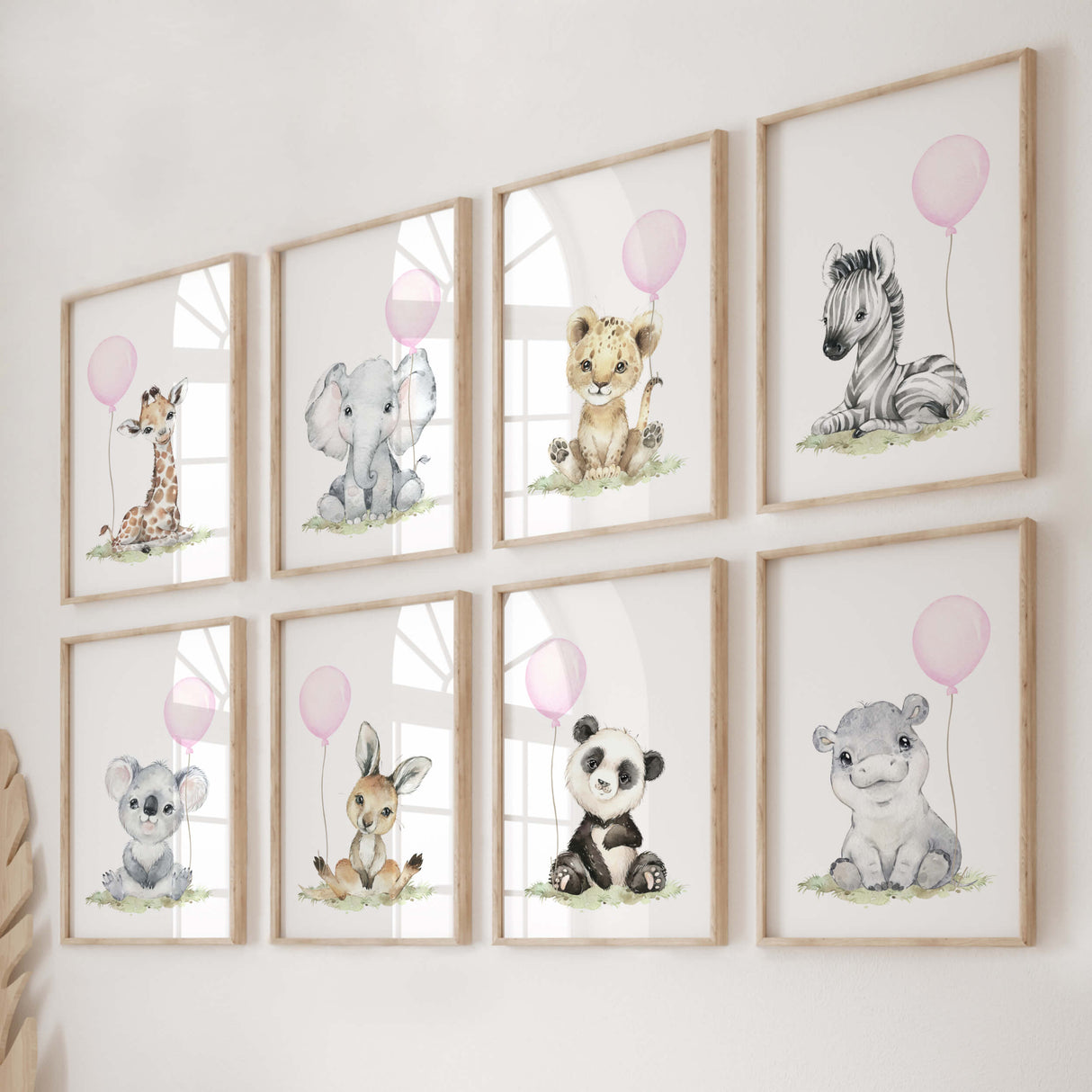 Watercolor safari animal print with pink balloon for baby girls room decor, animals: giraffe, elephant, lion, zebra, kangaroo, koala, hippo, panda
