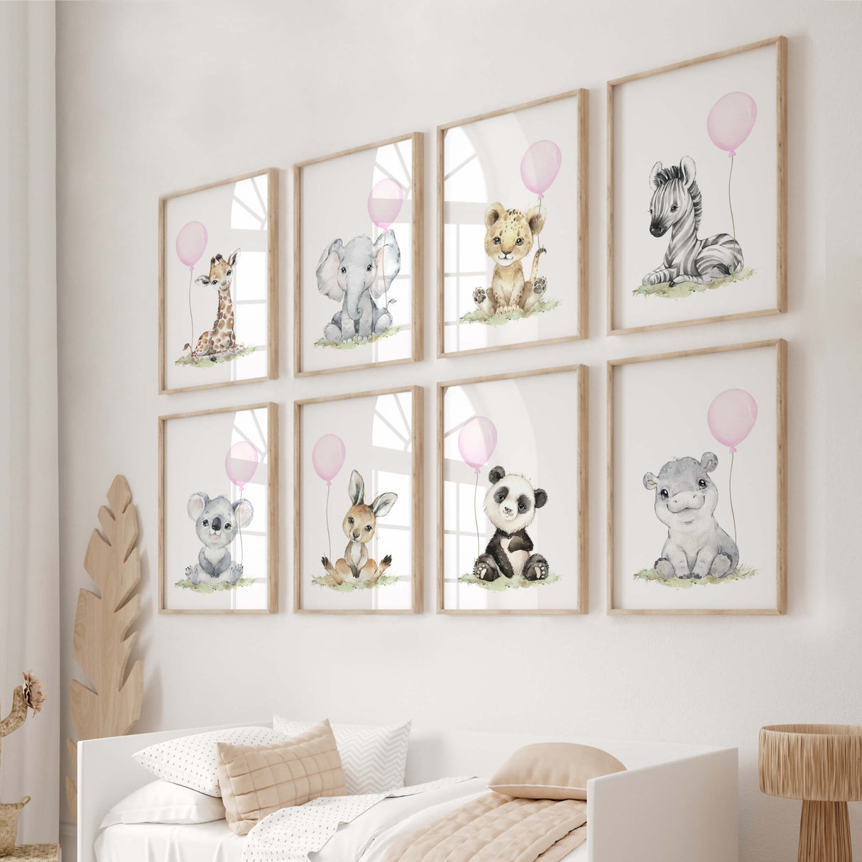 Watercolor safari animal printable with pink balloon for baby girls room decor, animals: giraffe, elephant, lion, zebra, kangaroo, koala, hippo, panda
