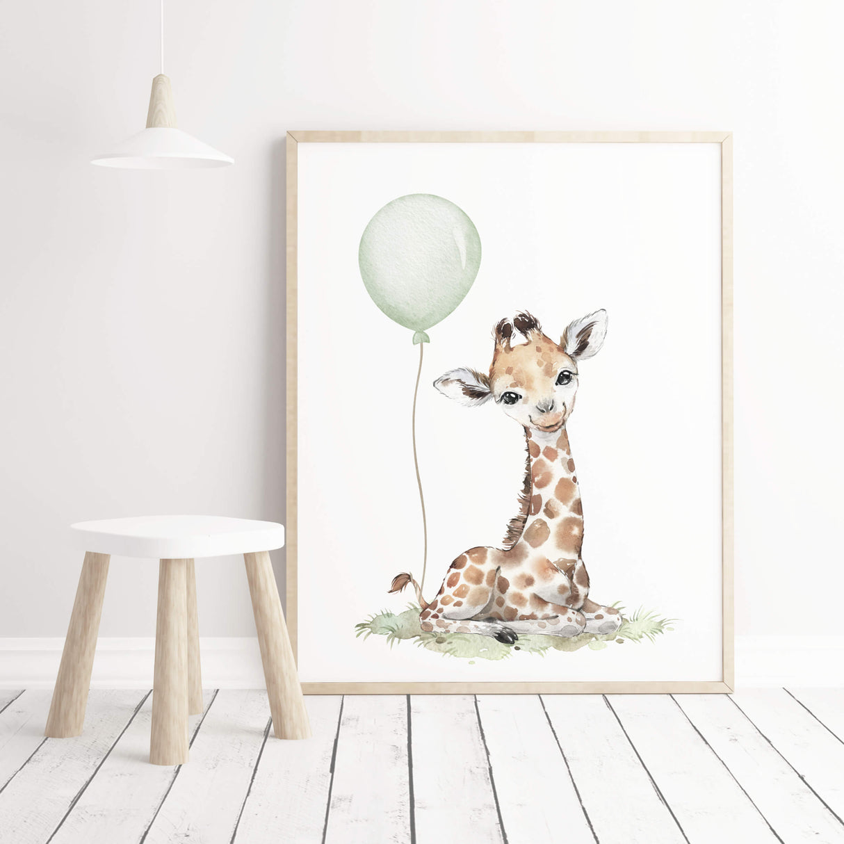 Watercolor giraffe print with sage green balloon for gender neutral nursery decor, toddler room decor, baby boys room decor, girls room decor, boho room decor