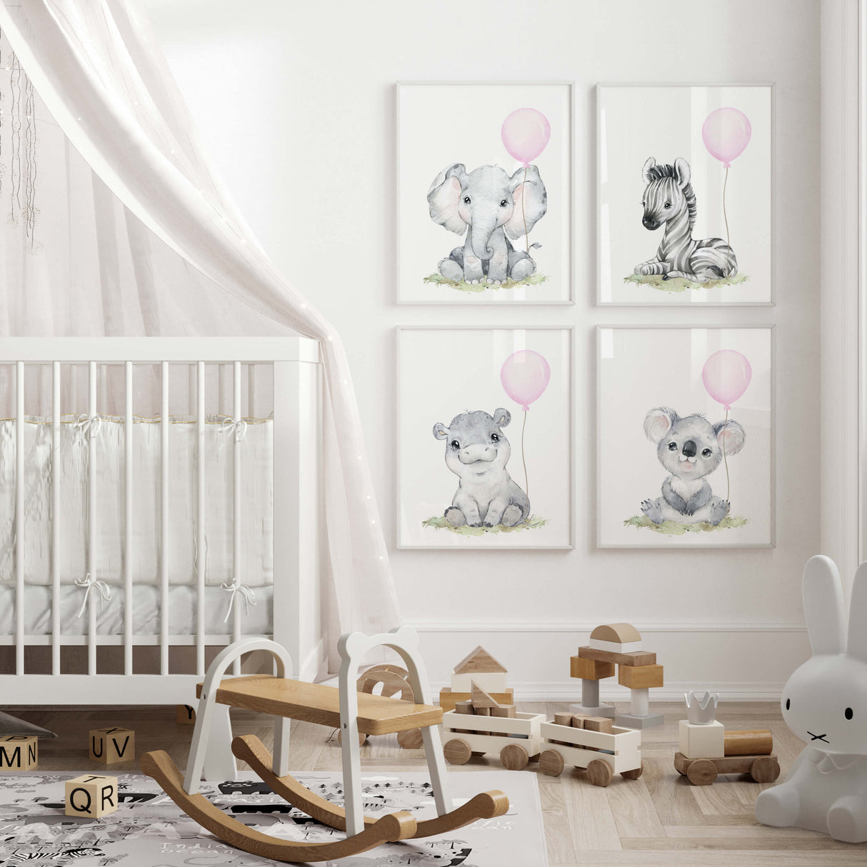 Watercolor safari animal print with pink balloon for baby girls room decor and pink, gray nursery decor, animals: elephant, zebra, hippo, koala.