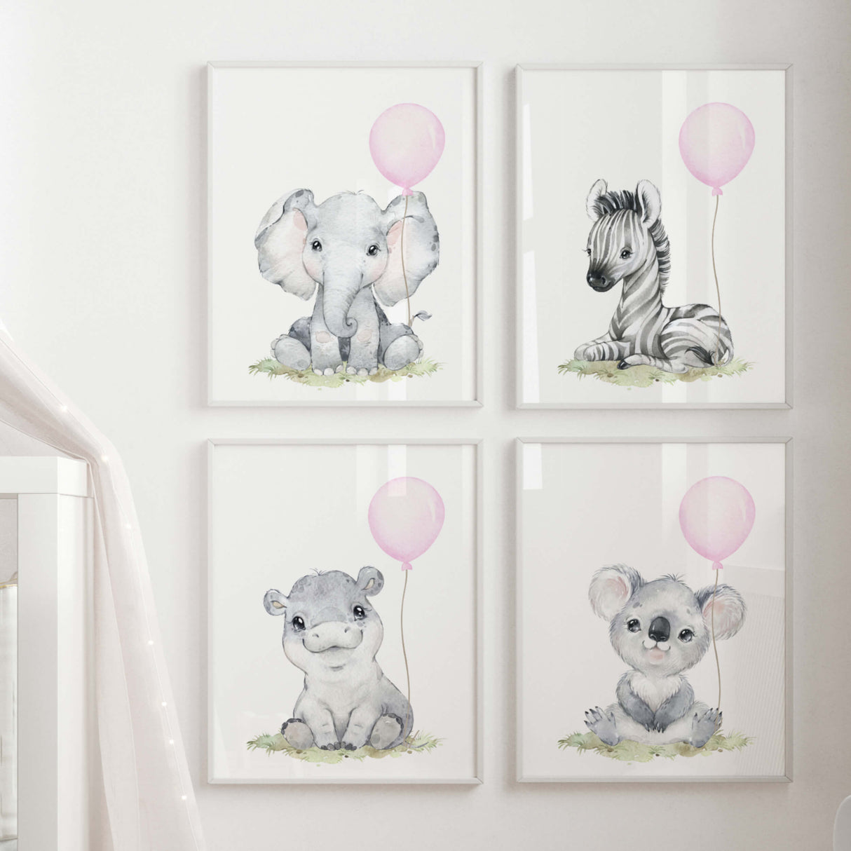 Watercolor safari animal printable with pink balloon for baby girls room decor and pink, gray nursery decor, animals: elephant, zebra, hippo, koala.