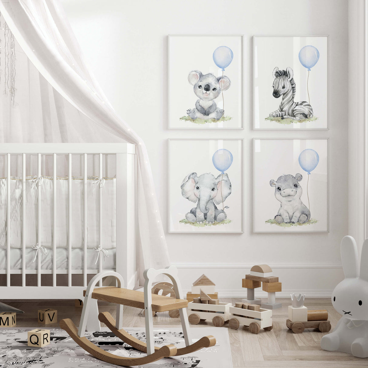 Watercolor safari animal print with light blue balloon for toddler room decor, baby boys room decor, toddler room decor, boho room decor, animals: koala, zebra, elephant, hippo