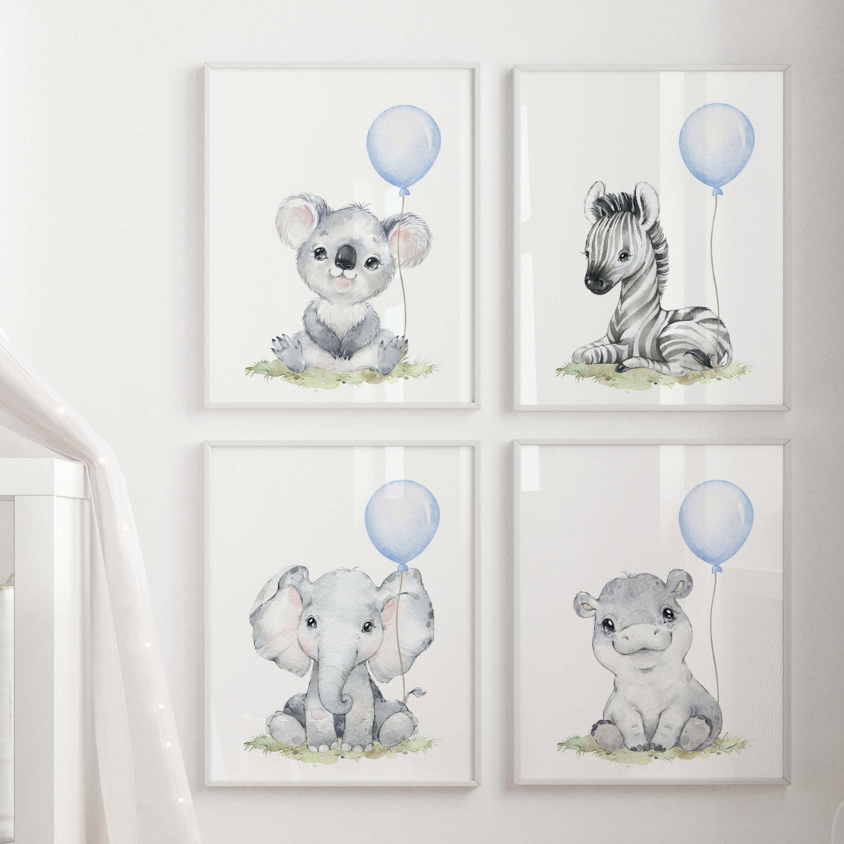 Watercolor safari animal printable with light blue balloon for toddler room decor, baby boys room decor, toddler room decor, boho room decor, animals: koala, zebra, elephant, hippo