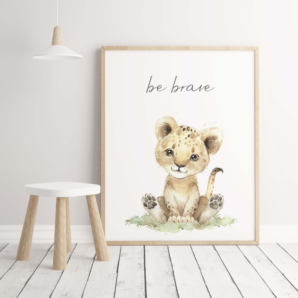 Watercolor lion print with be brave inspirational quote for gender neutral nursery decor.