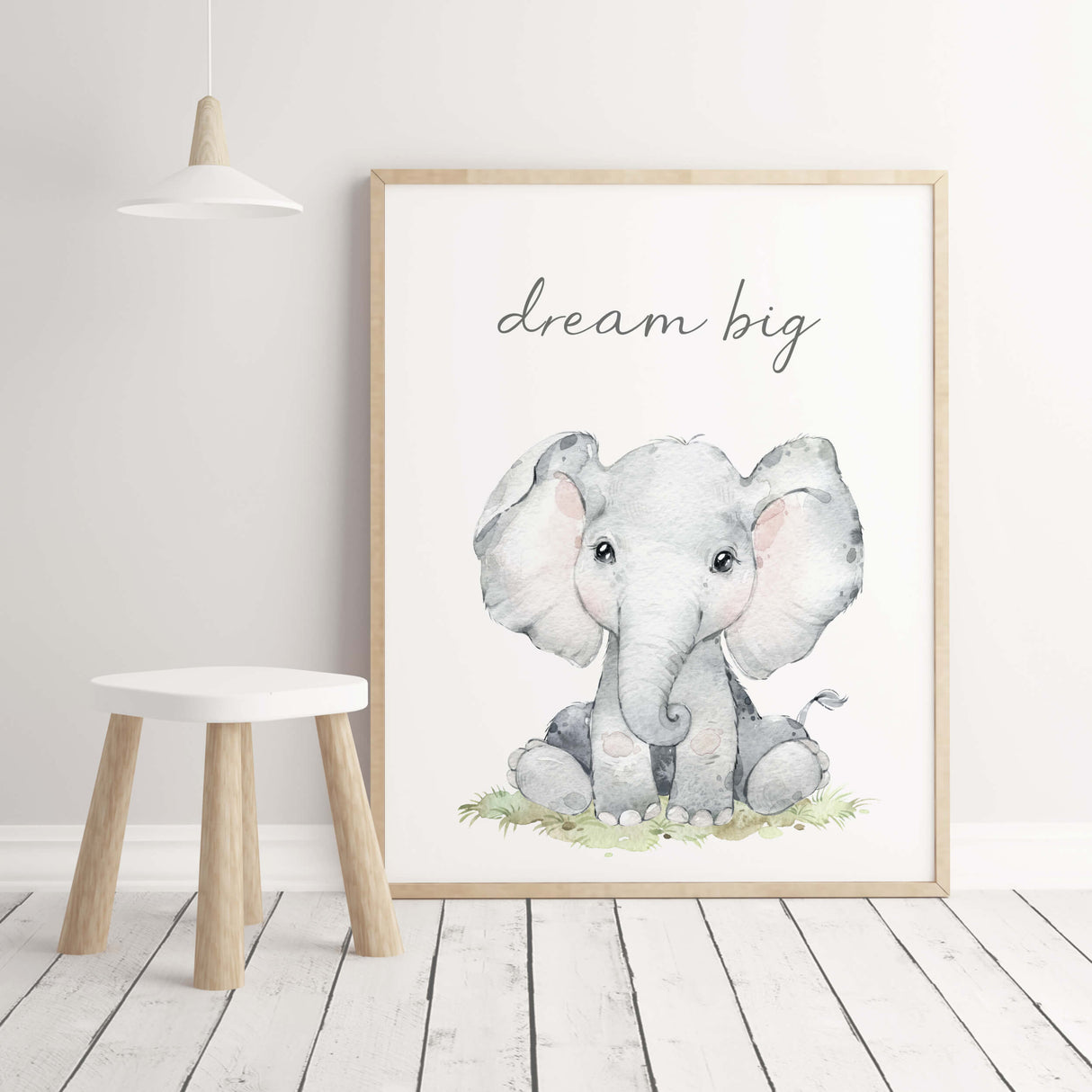 Watercolor elephant print with dream big inspirational quote for gender neutral nursery decor.