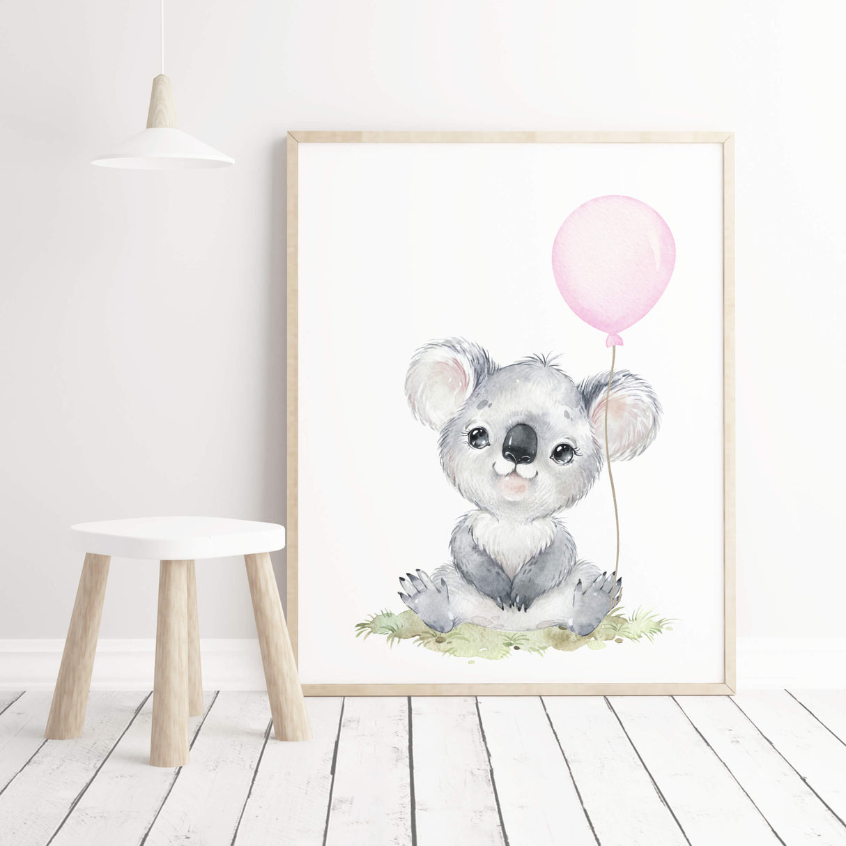 Watercolor koala print with pink balloon for baby girls room decor