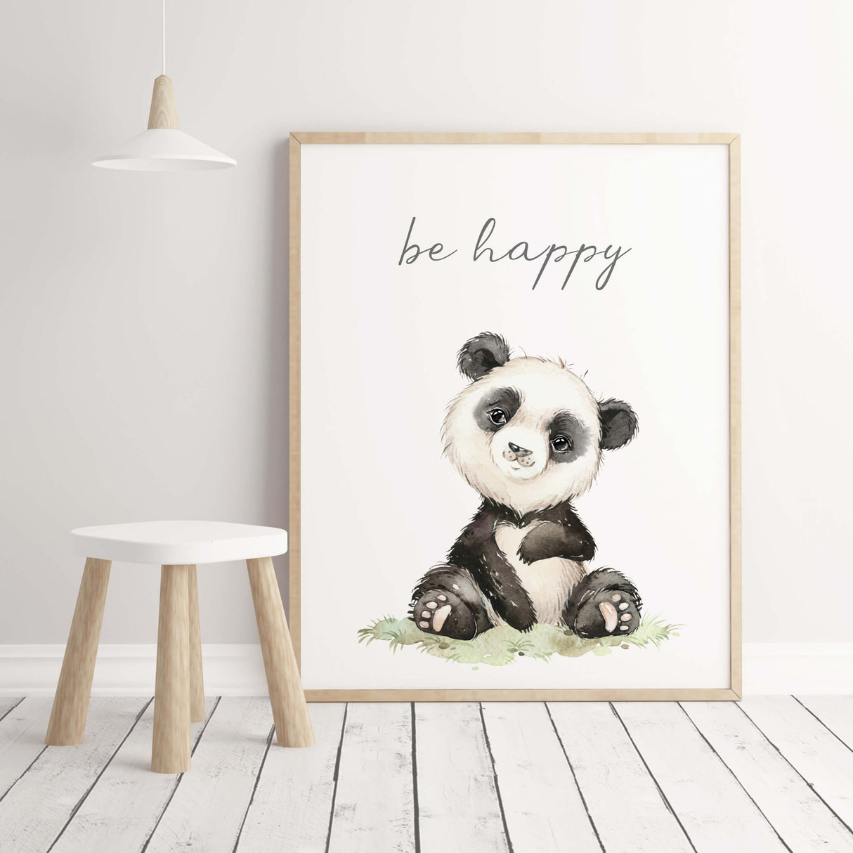 Watercolor panda print with be happy inspirational quote for gender neutral nursery decor.