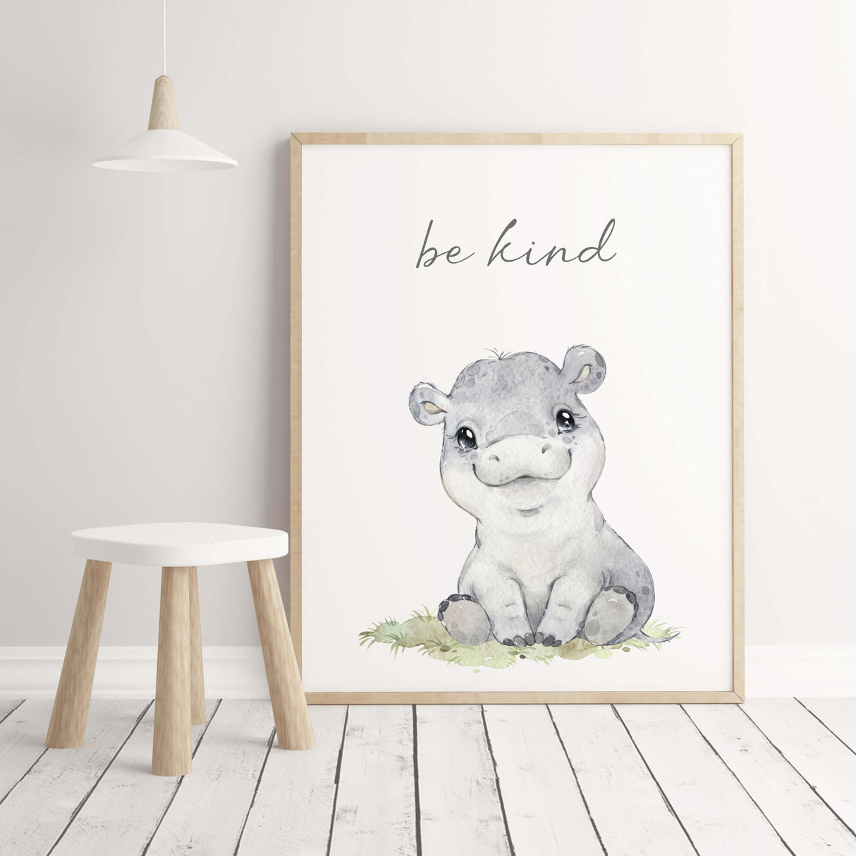 Watercolor hippo print with be kind inspirational quote for gender neutral nursery decor.