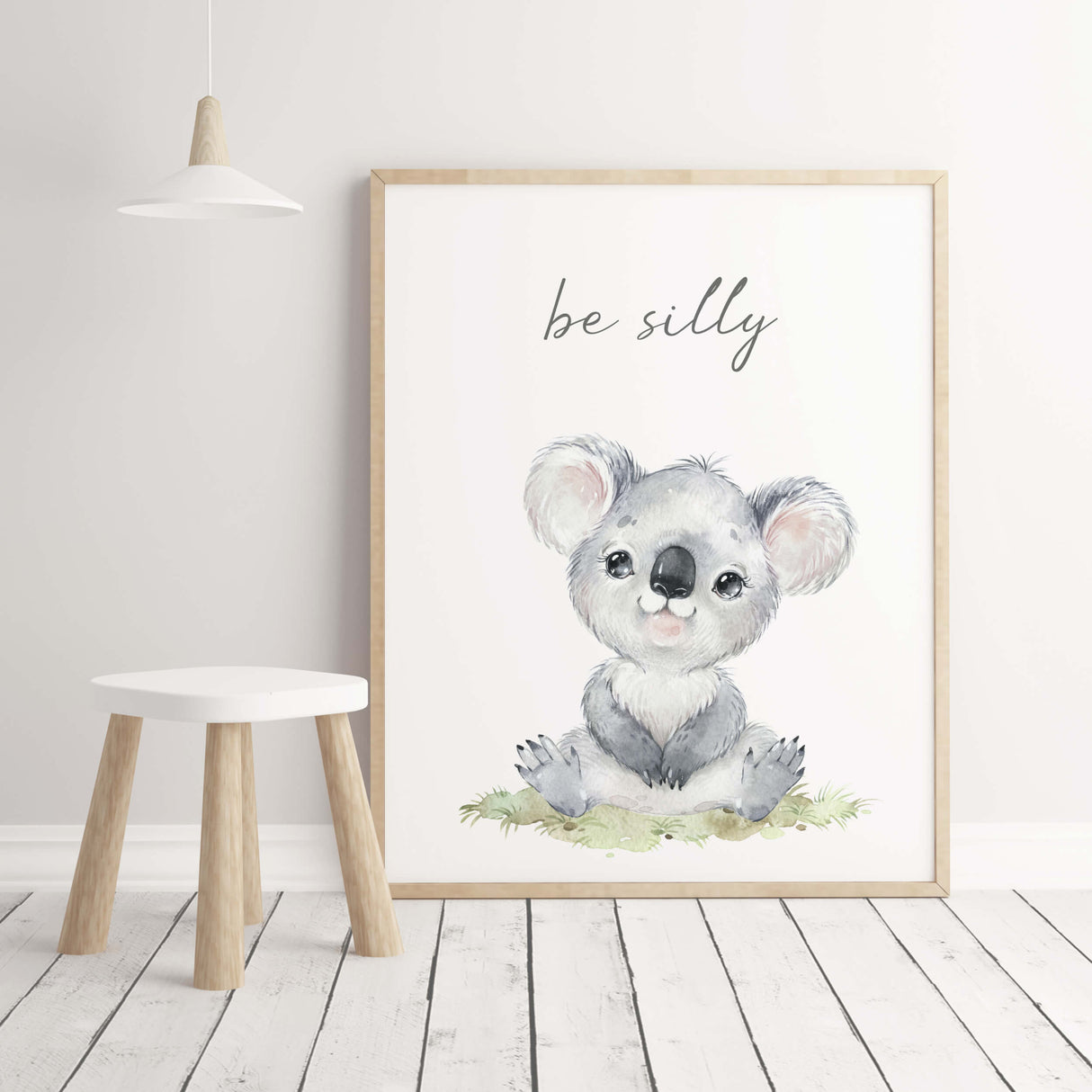 Watercolor koala print with be silly inspirational quote for gender neutral nursery decor.