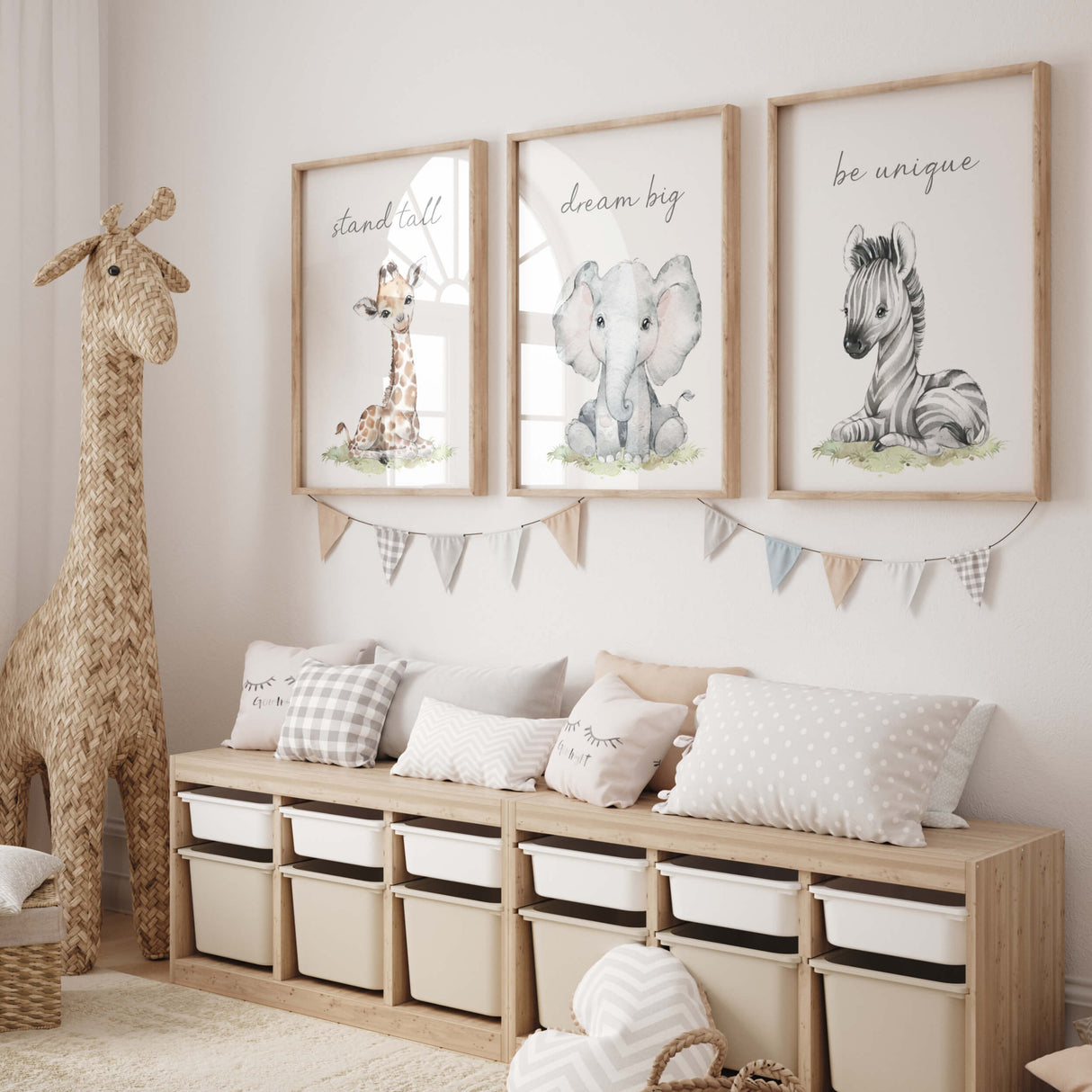 Set of 3 watercolor safari animal with inspirational quote print with be kind quote for gender neutral nursery decor.