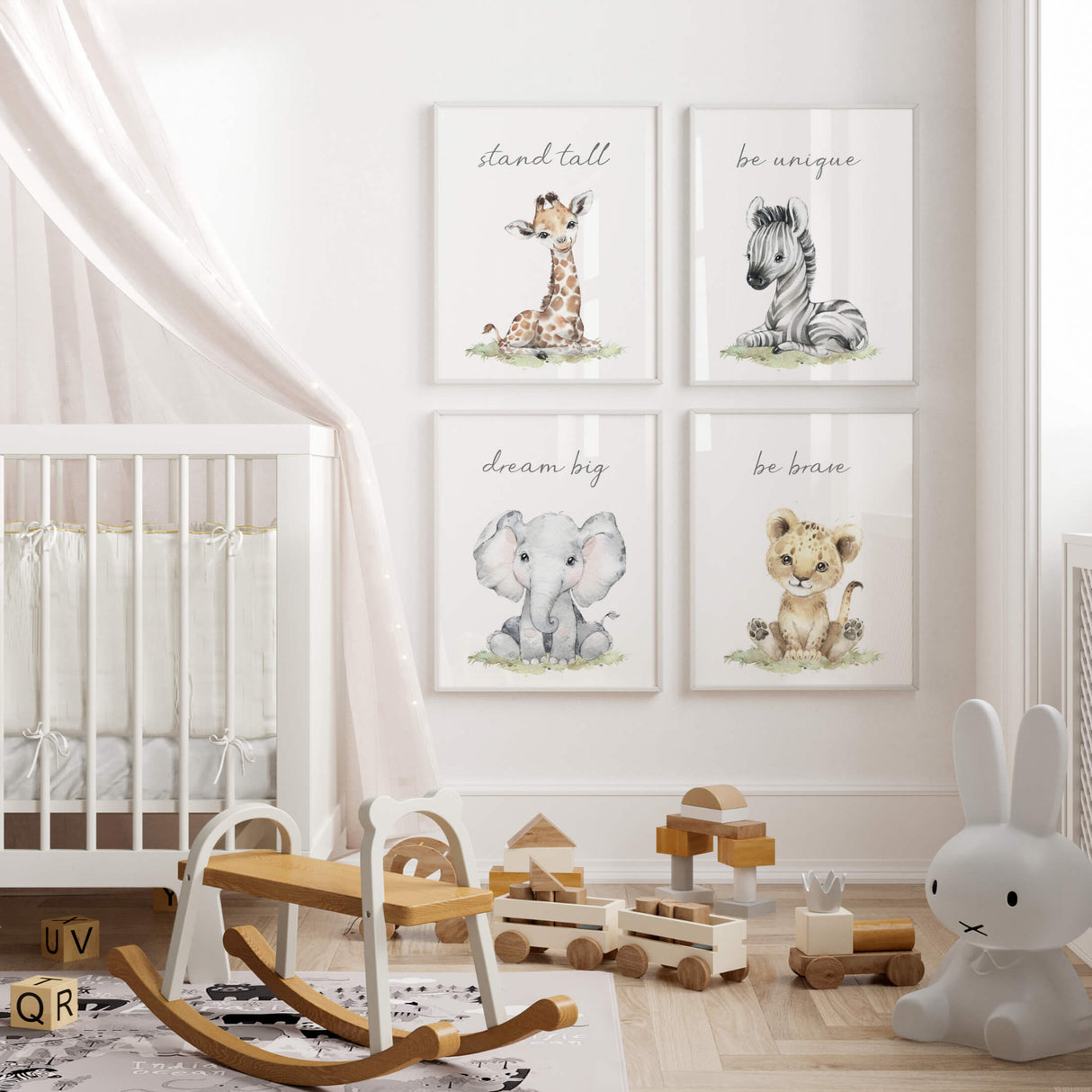 Set of 4 watercolor safari animals printable with inspirational quote for gender neutral nursery decor and boho nursery decor.