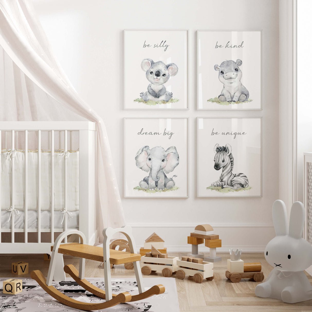 Set of 4 watercolor safari animals print with inspirational quote for gender neutral nursery decor and gray nursery decor.