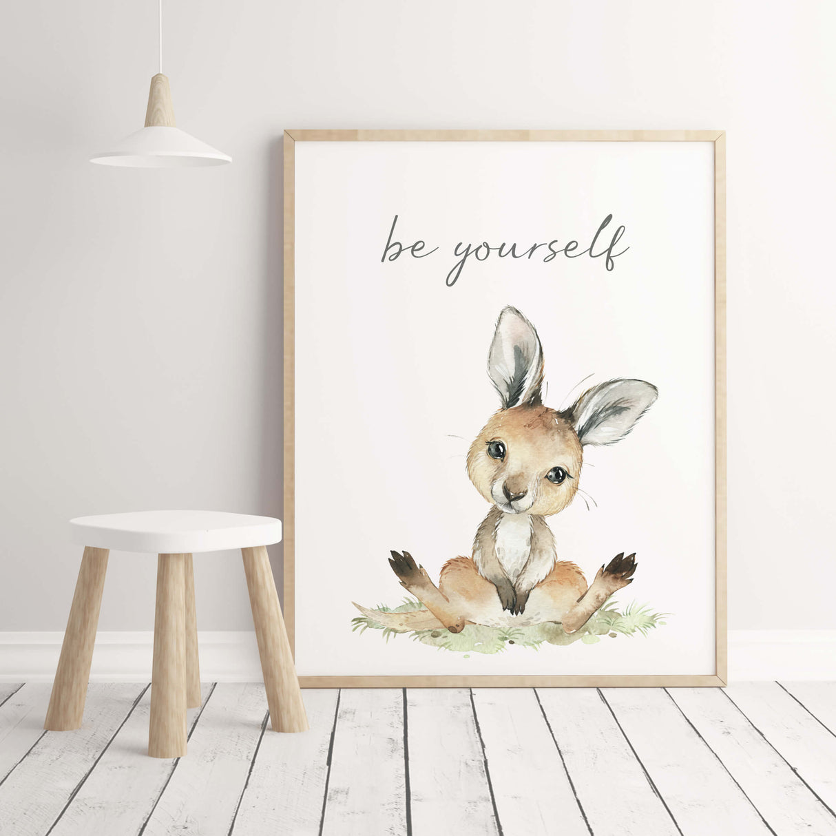 Watercolor kangaroo print with be yourself inspirational quote for gender neutral nursery decor.