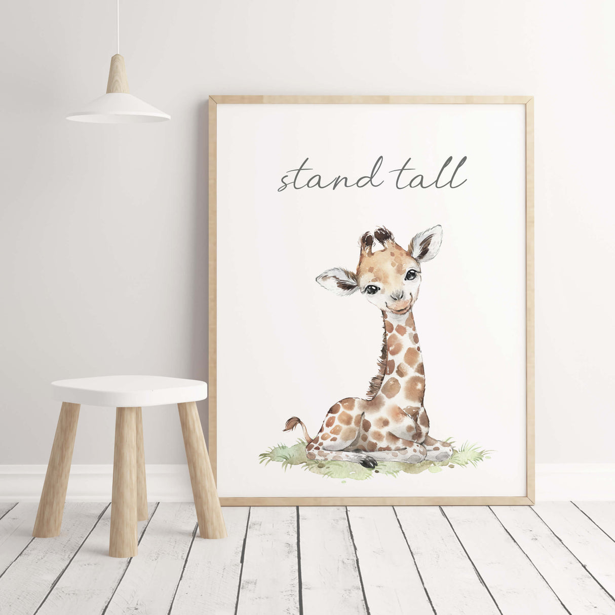 Watercolor giraffe print with stand tall inspirational quote for gender neutral nursery decor.