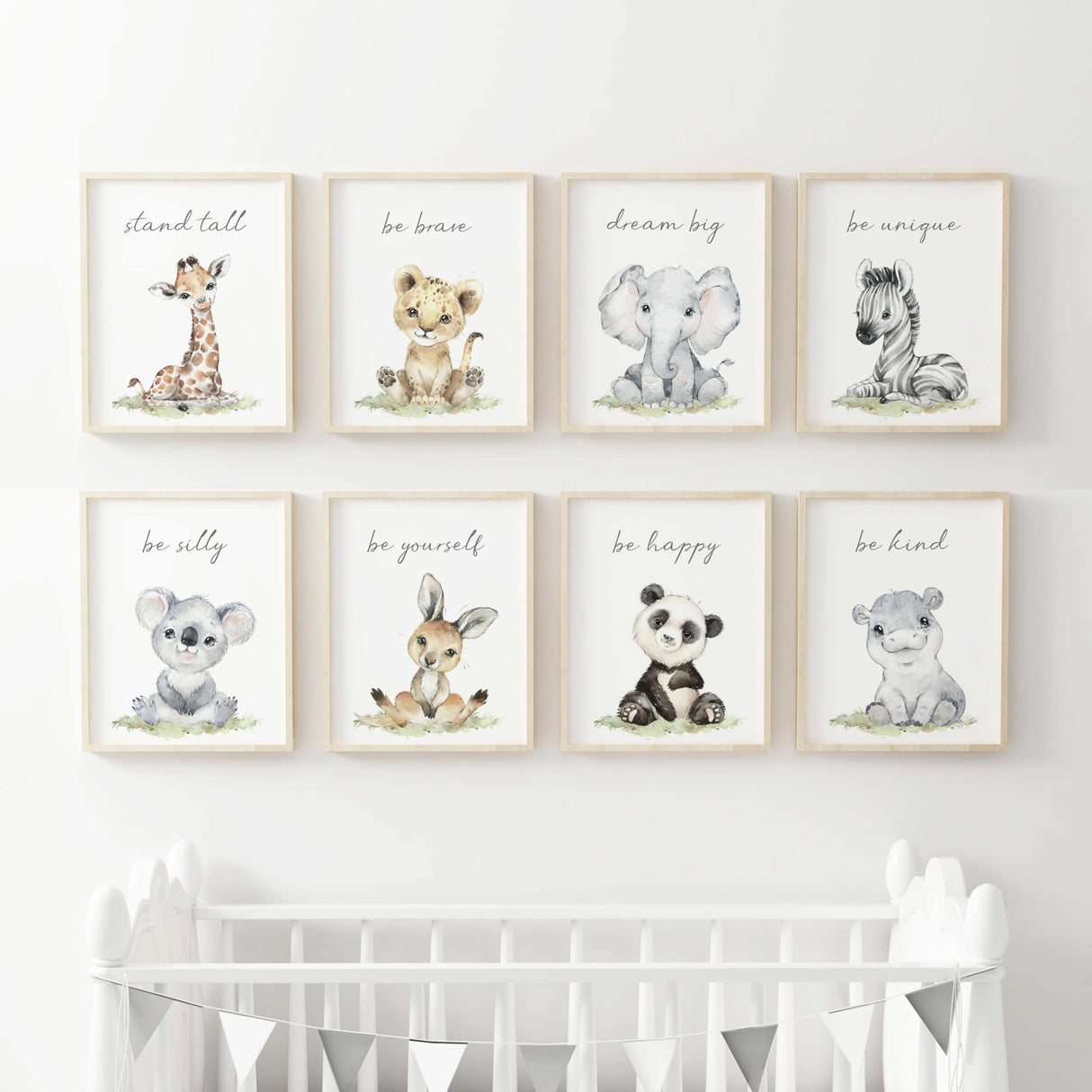 Set of 8 watercolor safari printable inspirational quote for gender neutral nursery decor, includes inspirational quote: Giraffe - Stand tall, Lion - Be brave, Elephant - Dream big, Zebra - Be unique, Koala - Be silly, Kangaroo - Be yourself, Panda - Be happy, Hippo - Be kind.