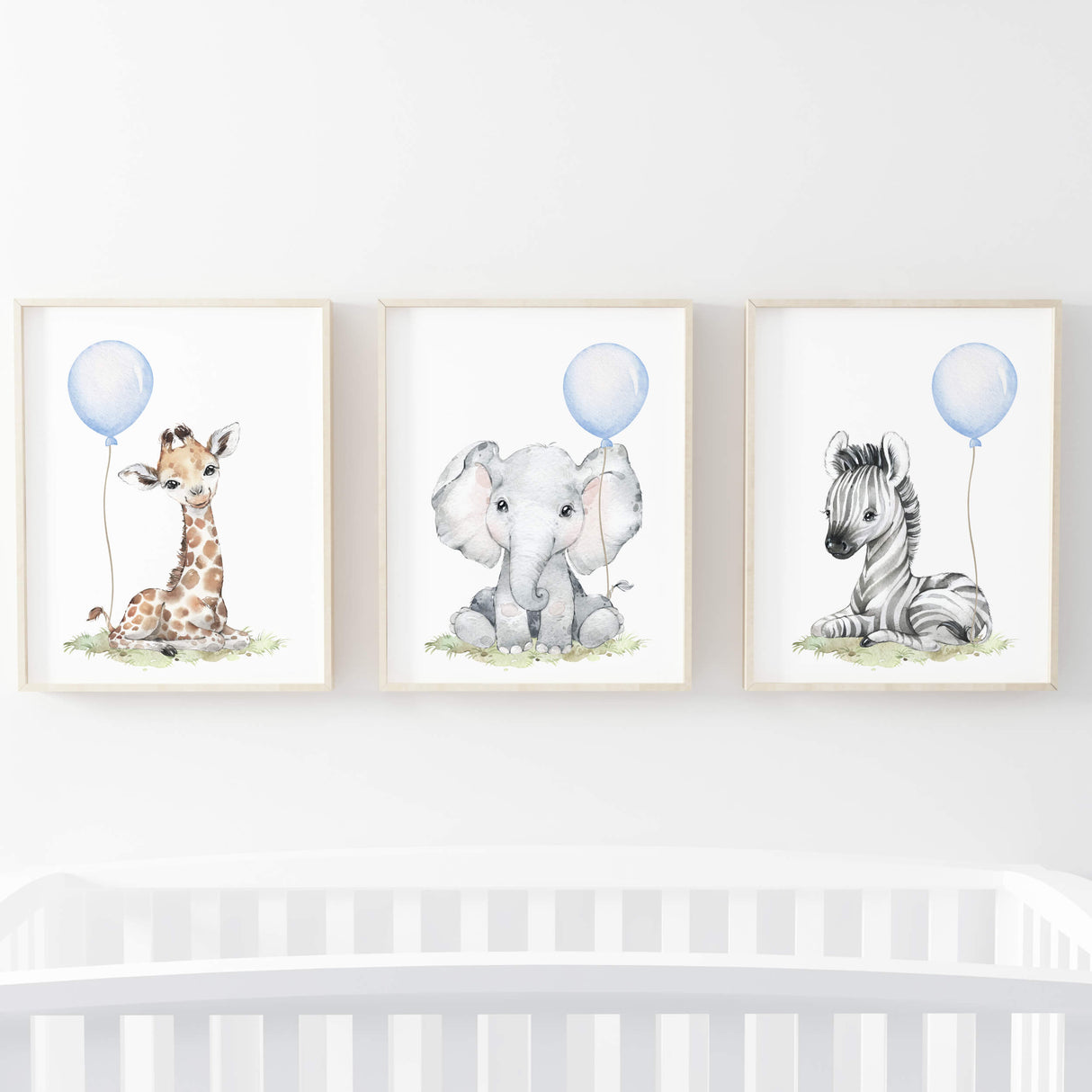 Watercolor safari animal printable with light blue balloon for toddler room decor, baby boys room decor, toddler room decor, boho room decor, animals: giraffe, elephant, zebra.