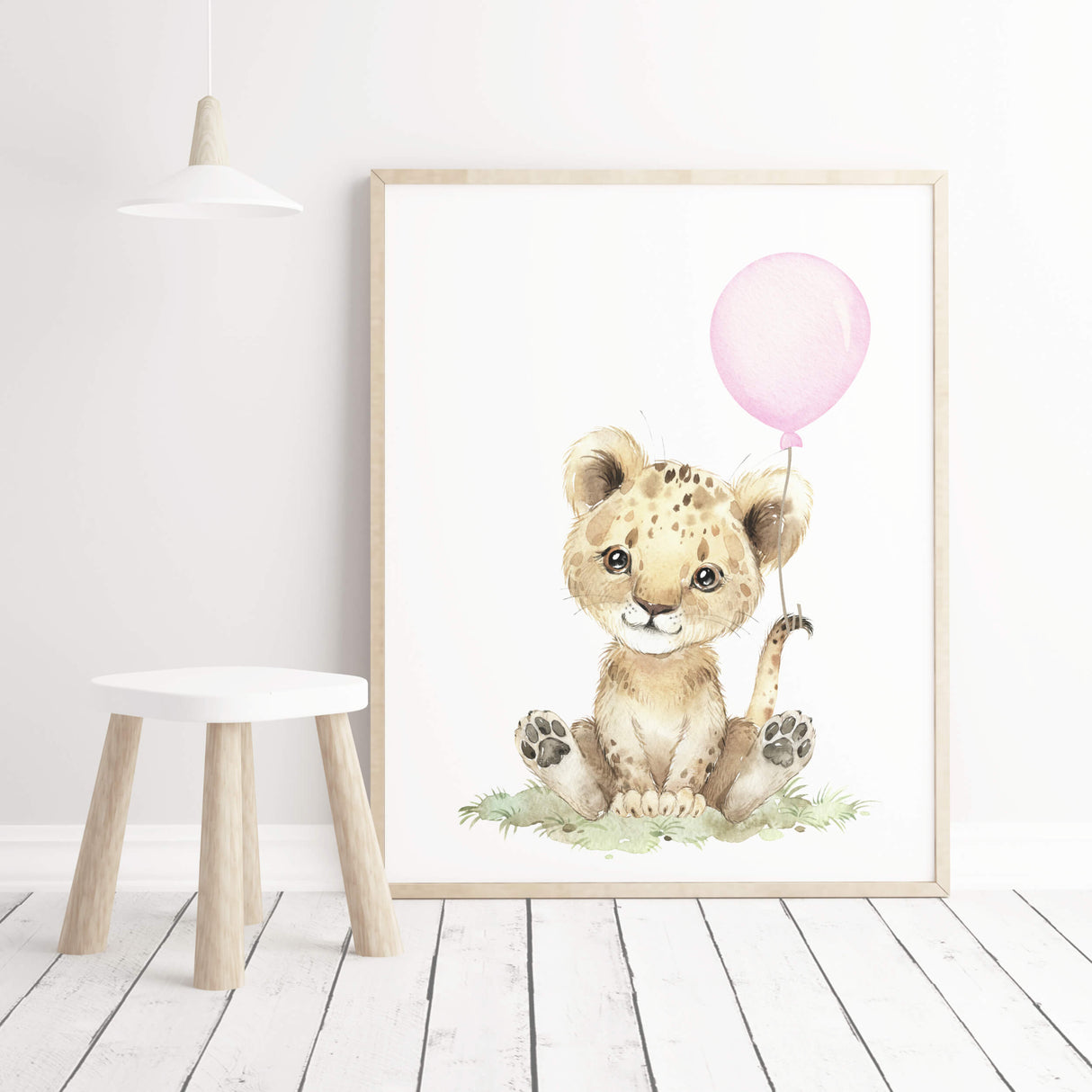 Watercolor lion print with pink balloon for baby girls room decor