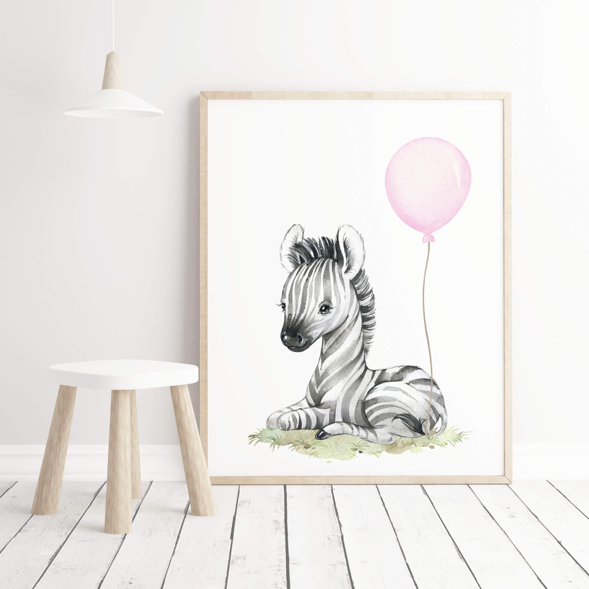 Watercolor zebra print with pink balloon for baby girls room decor