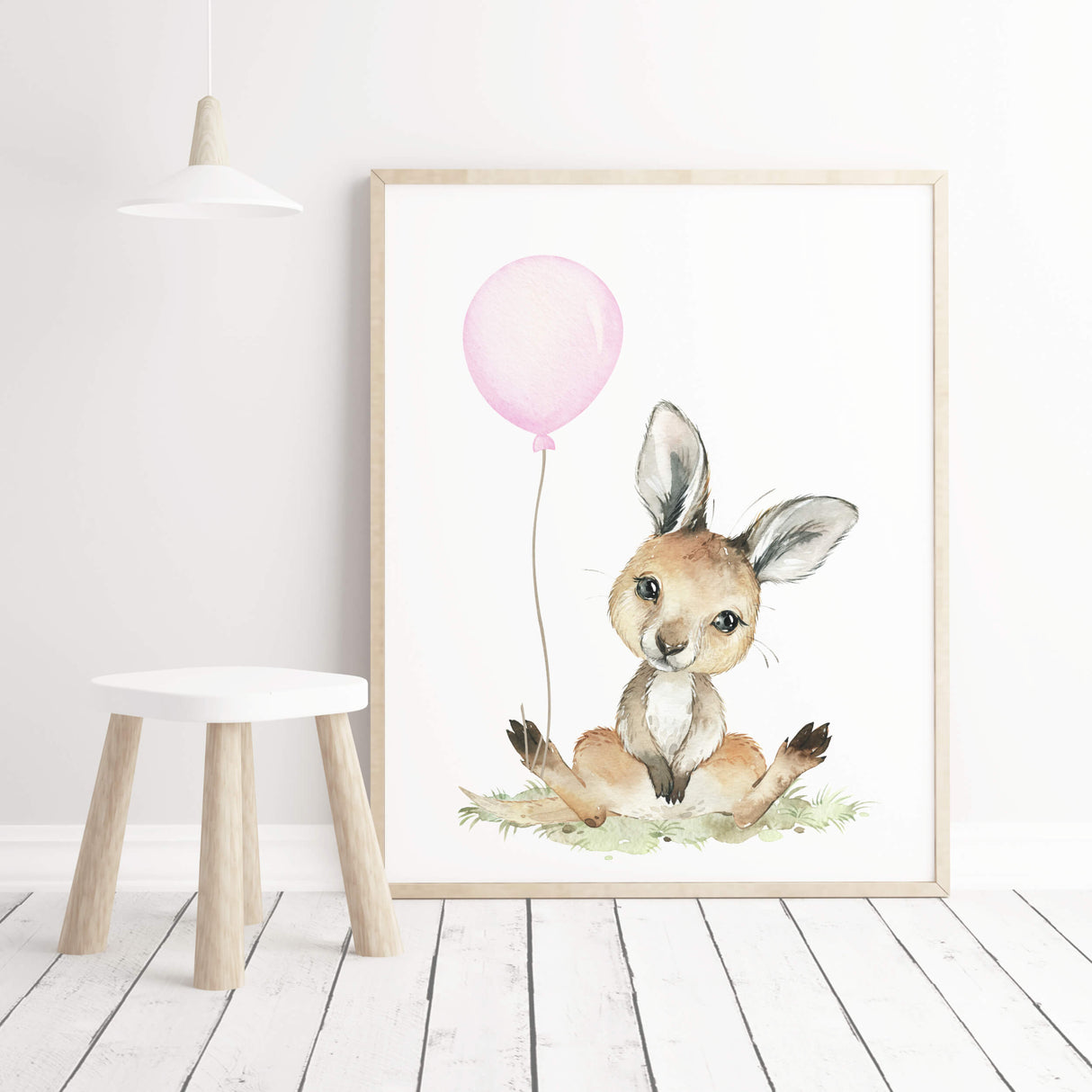 Watercolor kangaroo print with pink balloon for baby girls room decor