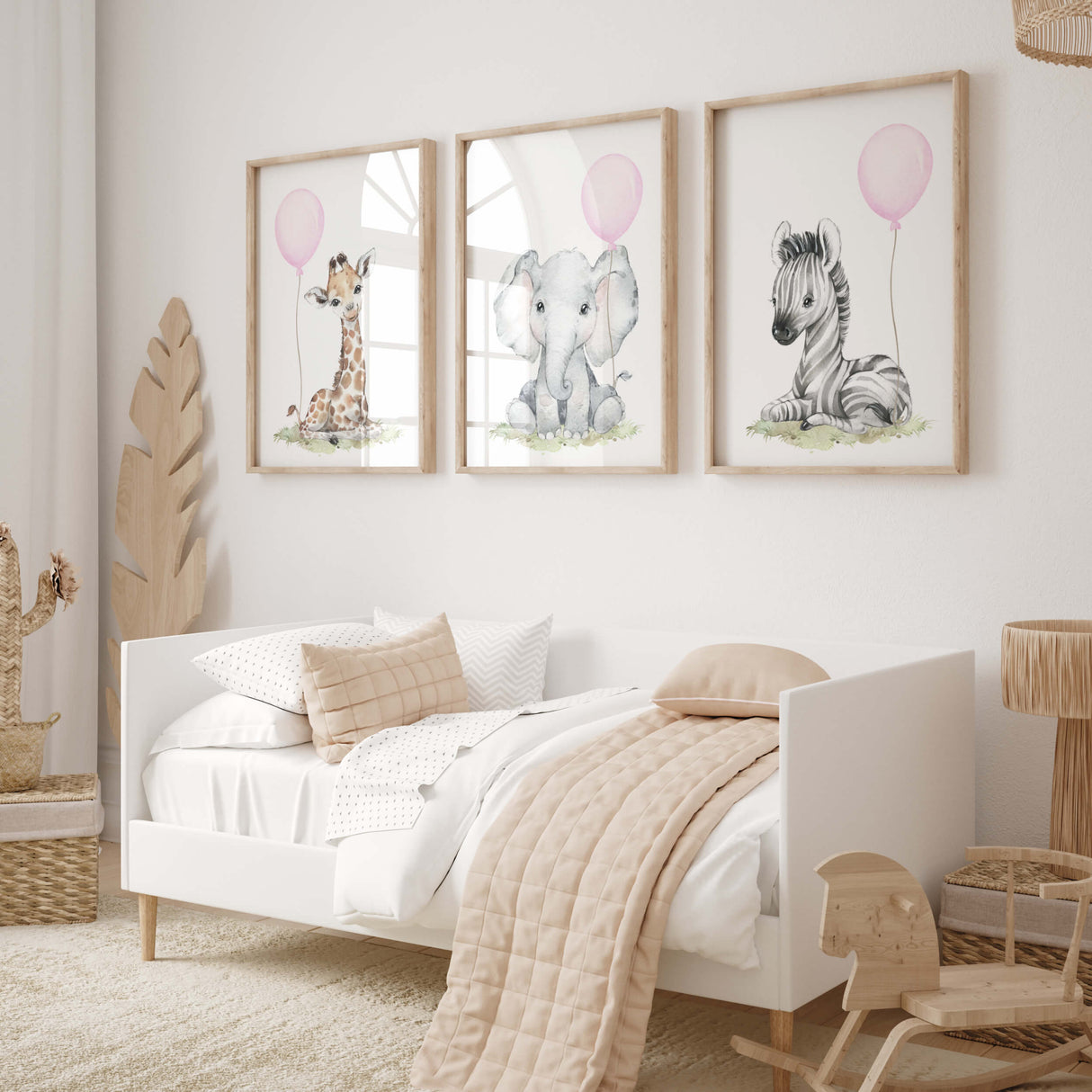Watercolor safari animal print with pink balloon for baby girls room decor, animals: zebra, giraffe, elephant