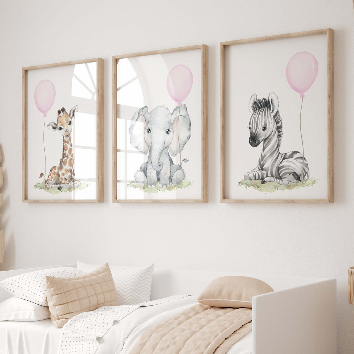 Watercolor safari animal printable with pink balloon for baby girls room decor, animals: zebra, giraffe, elephant