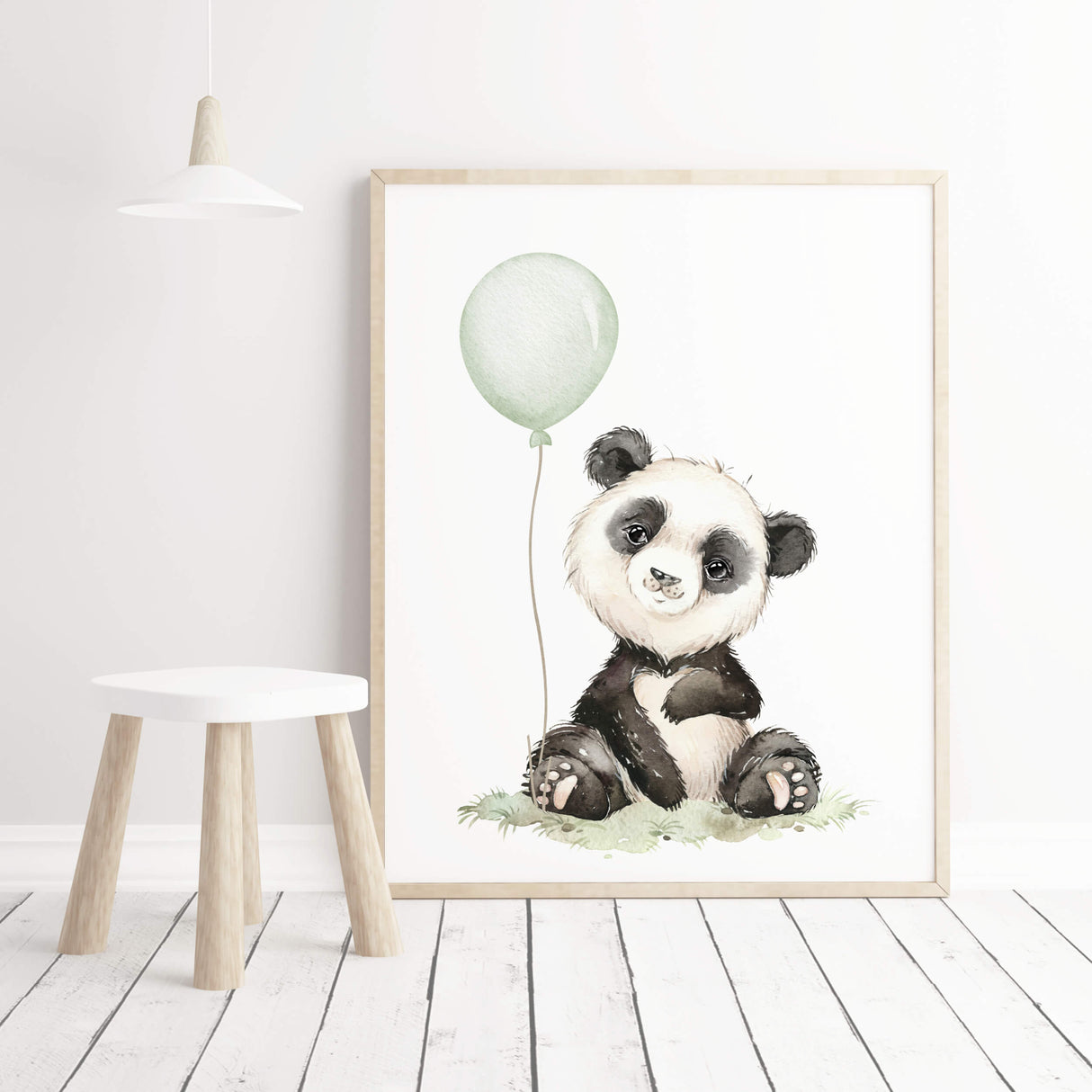 Watercolor panda print with sage green balloon for gender neutral nursery decor, toddler room decor, baby boys room decor, girls room decor, boho room decor
